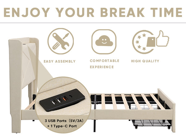 Queen Size Bed Frame With 2 Storage Drawers, Upholstered Bed Frame With Wingback Headboard Storage Shelf Built In Usb Charging Stations And Strong Wood Slats Support, No Box Spring Needed, Beige Box Spring Not Required Queen Beige Composite Bedroom Bed