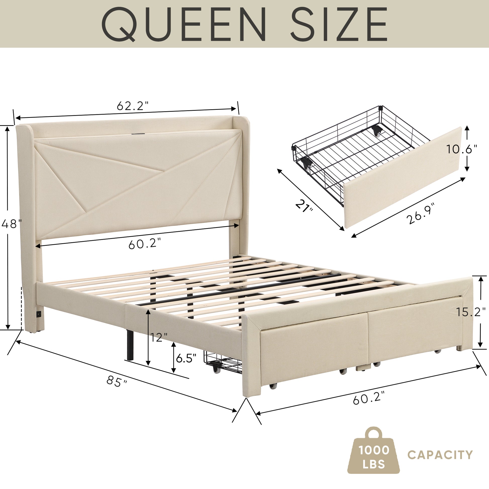 Queen Size Bed Frame With 2 Storage Drawers, Upholstered Bed Frame With Wingback Headboard Storage Shelf Built In Usb Charging Stations And Strong Wood Slats Support, No Box Spring Needed, Beige Box Spring Not Required Queen Beige Composite Bedroom Bed
