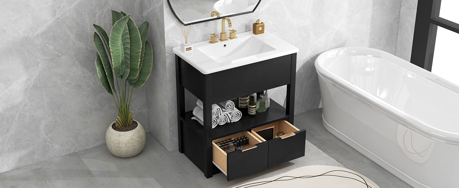 30" Bathroom Vanity With Sink Top, Bathroom Cabinet With Open Storage Shelf And Two Drawers, One Package, Black Old Sku:Wf311619Aap Black Solid Wood Mdf