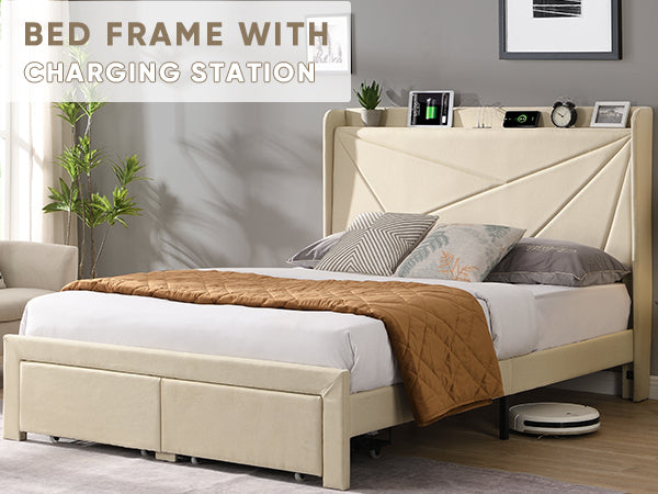 Queen Size Bed Frame With 2 Storage Drawers, Upholstered Bed Frame With Wingback Headboard Storage Shelf Built In Usb Charging Stations And Strong Wood Slats Support, No Box Spring Needed, Beige Box Spring Not Required Queen Beige Composite Bedroom Bed