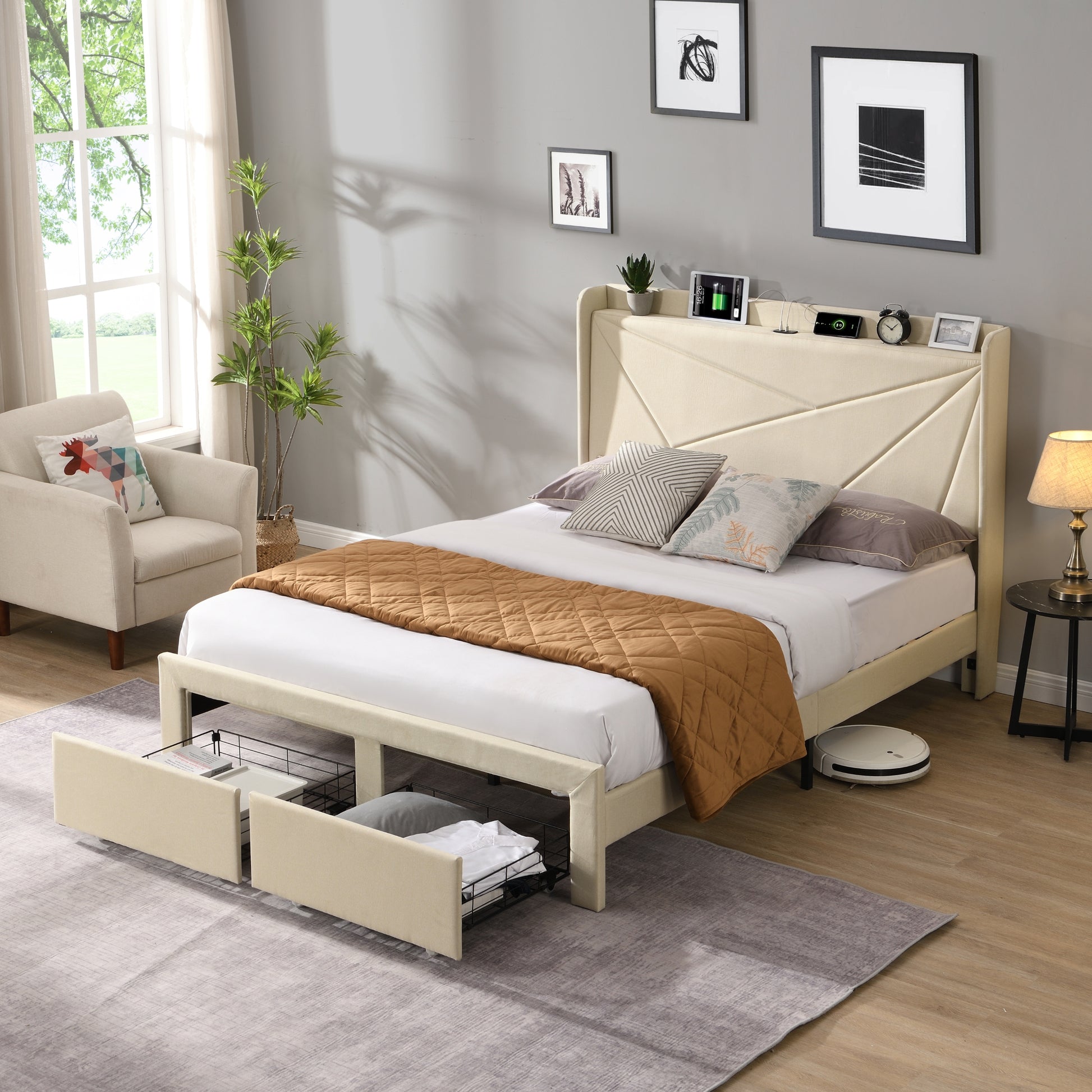 Queen Size Bed Frame With 2 Storage Drawers, Upholstered Bed Frame With Wingback Headboard Storage Shelf Built In Usb Charging Stations And Strong Wood Slats Support, No Box Spring Needed, Beige Box Spring Not Required Queen Beige Composite Bedroom Bed
