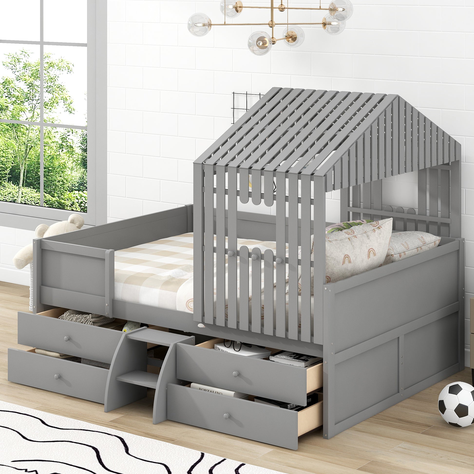 Full Size House Low Loft Bed With Four Drawers,Gray Box Spring Not Required Gray Wood Pine