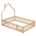 Full House Shaped Headboard Floor Bed With Fence,Natural Full Natural Wood Bedroom American Design Pine Bed Frame Pine