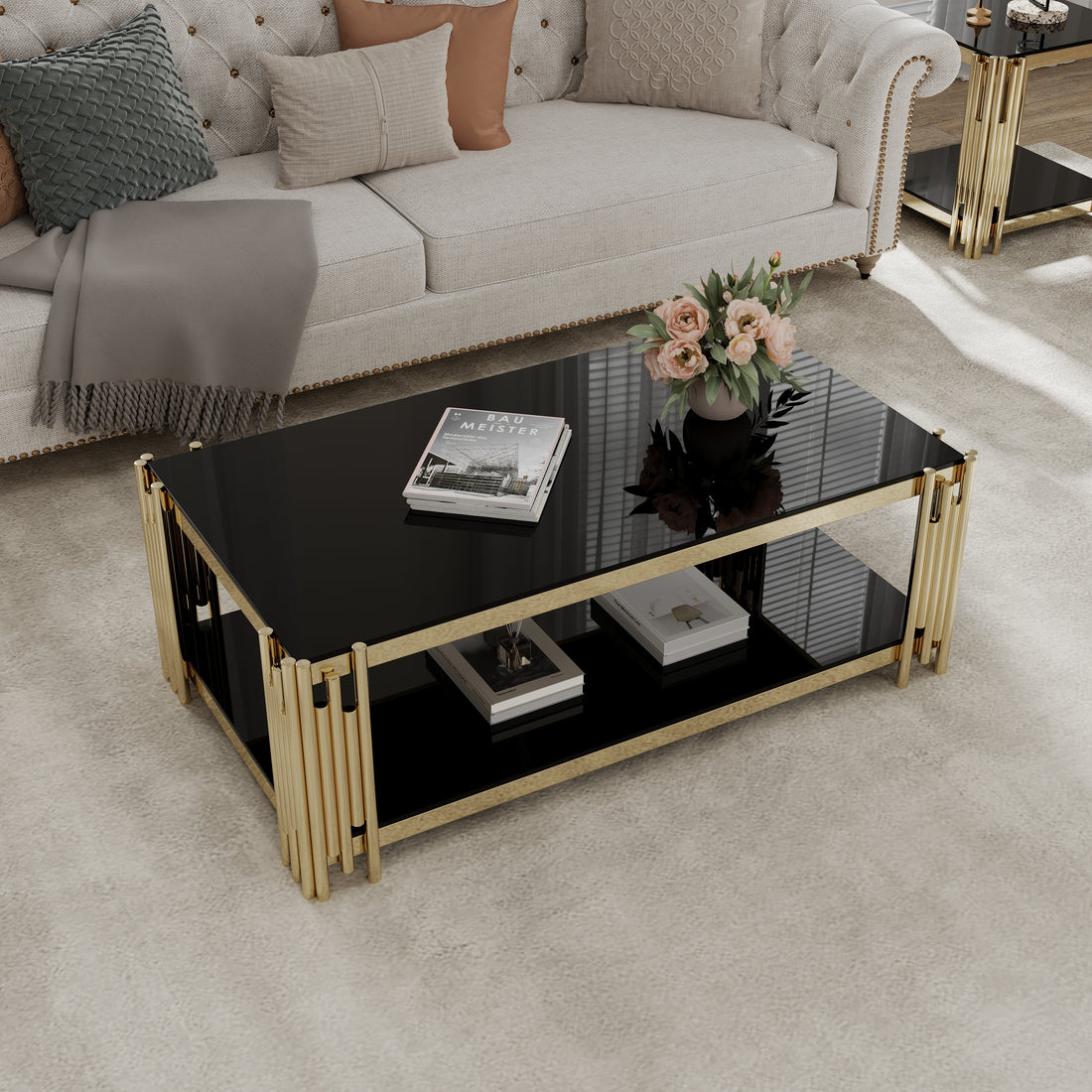 48" Wide Rectangular Coffee Table With Black Tempered Glass Top, Golden Stainless Steel Double Layer Coffee Table For Living Room Polished Golden Stainless Steel