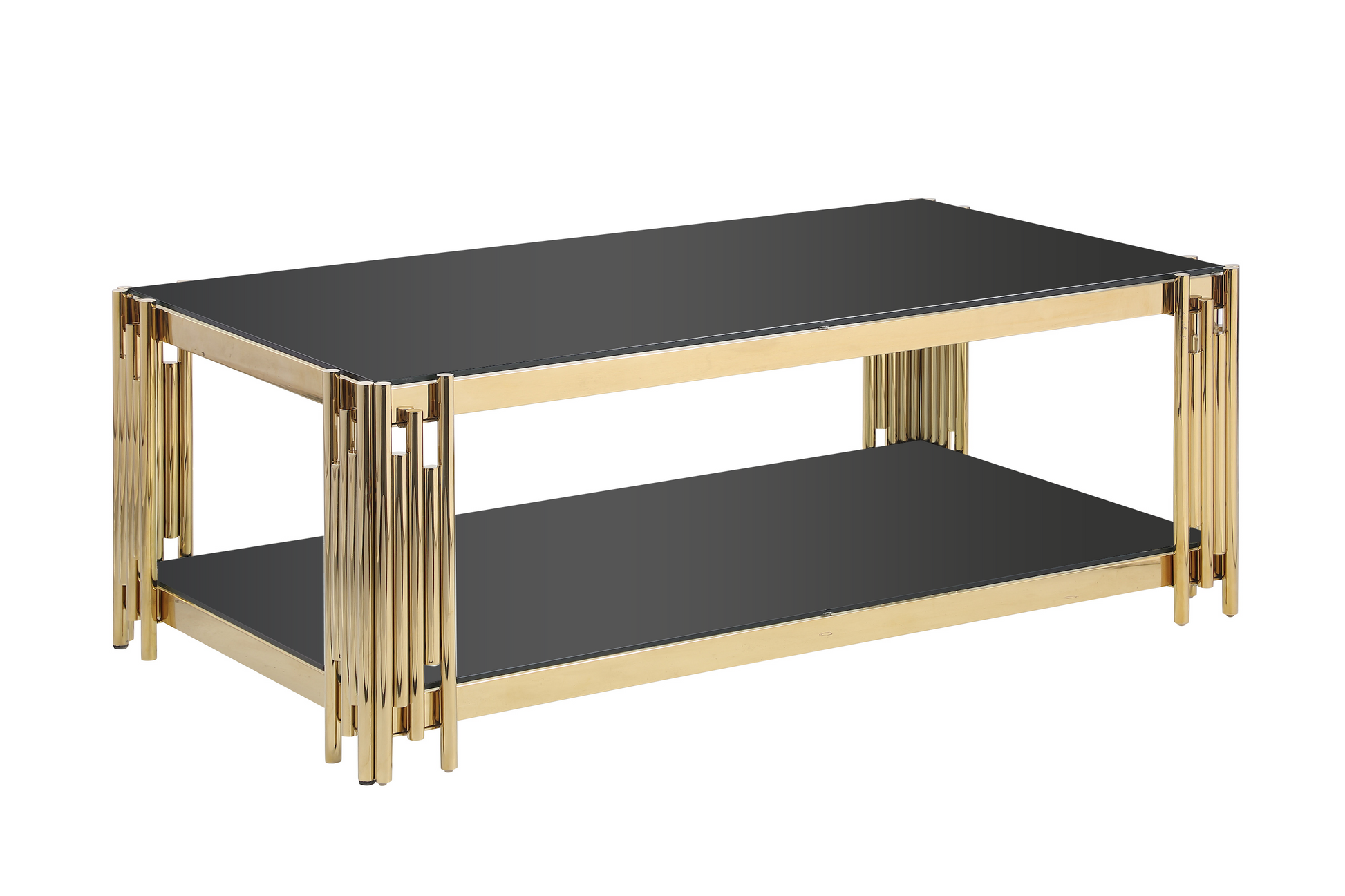 48" Wide Rectangular Coffee Table With Black Tempered Glass Top, Golden Stainless Steel Double Layer Coffee Table For Living Room Polished Golden Stainless Steel