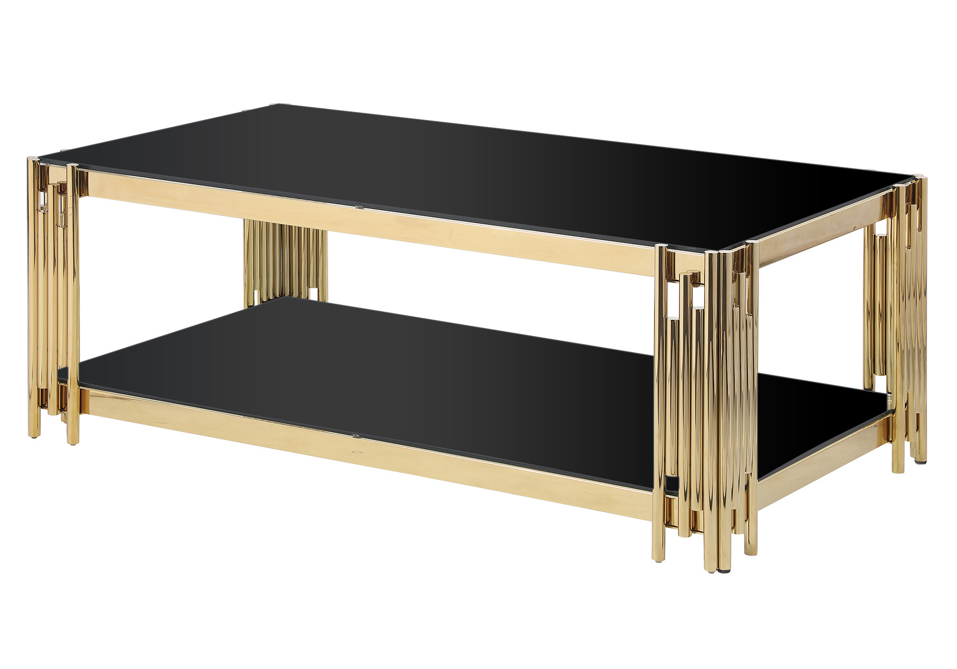 48" Wide Rectangular Coffee Table With Black Tempered Glass Top, Golden Stainless Steel Double Layer Coffee Table For Living Room Polished Golden Stainless Steel