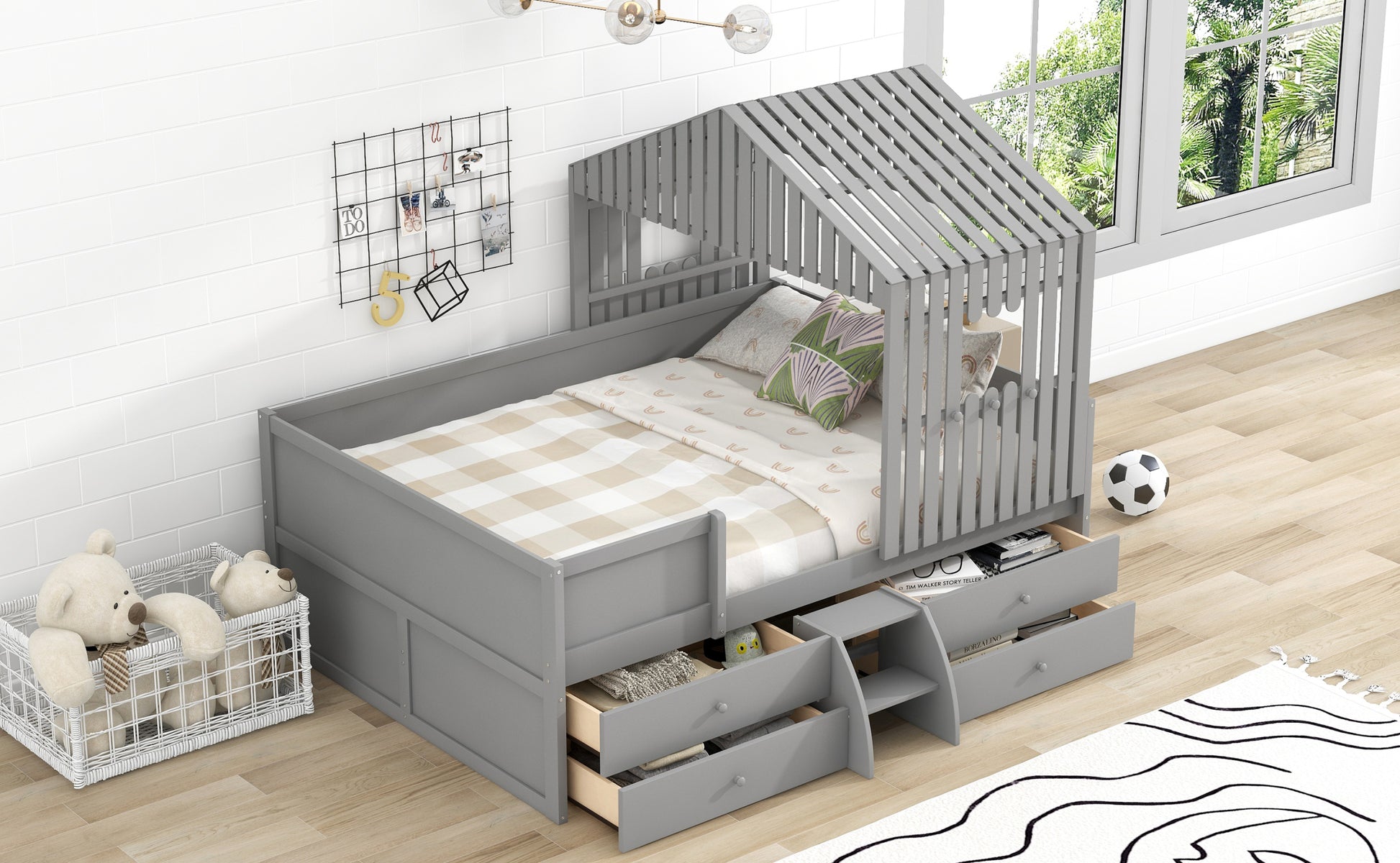 Full Size House Low Loft Bed With Four Drawers,Gray Box Spring Not Required Gray Wood Pine