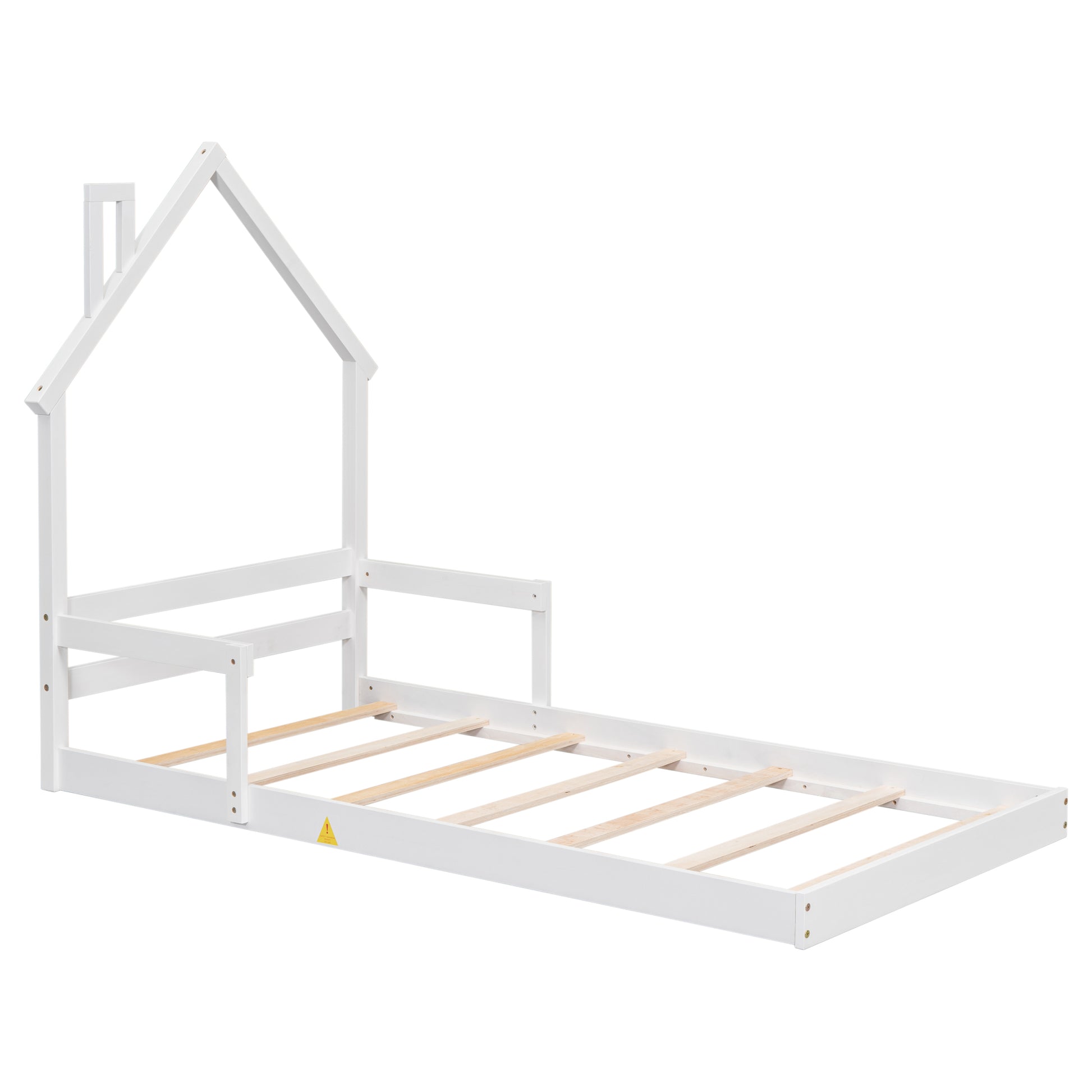 Twin House Shaped Headboard Floor Bed With Handrails ,Slats,White Twin White Wood Bedroom American Design Pine Bed Frame Pine
