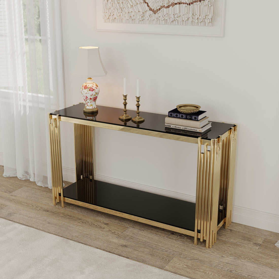Modern Glass Console Table, 55" Gold Sofa Table With Sturdy Metal Frame And Black Tempered Glass Top, For Living Room Entryway Bedroom, Gold Finish Polished Golden Stainless Steel