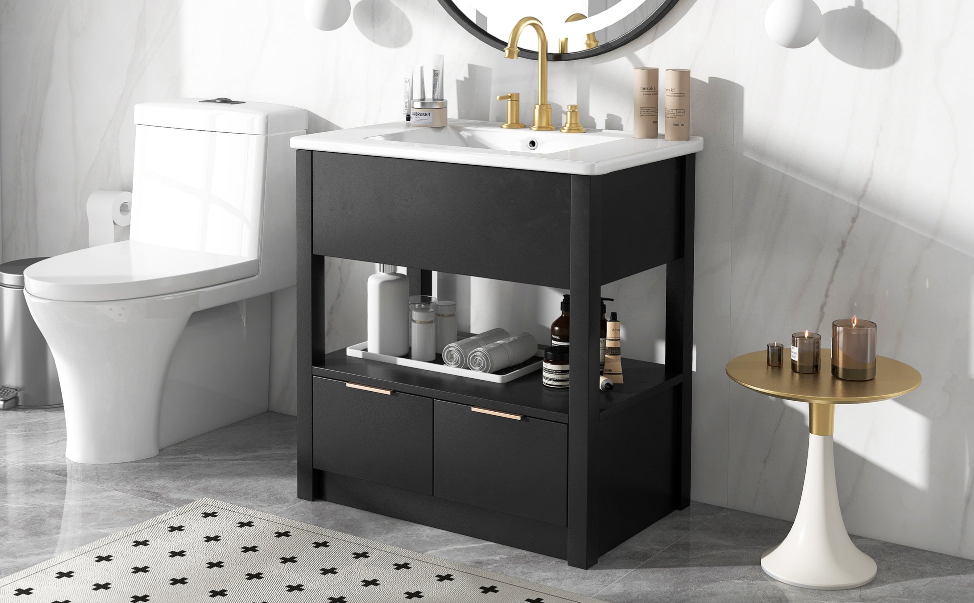 30" Bathroom Vanity With Sink Top, Bathroom Cabinet With Open Storage Shelf And Two Drawers, One Package, Black Old Sku:Wf311619Aap Black Solid Wood Mdf