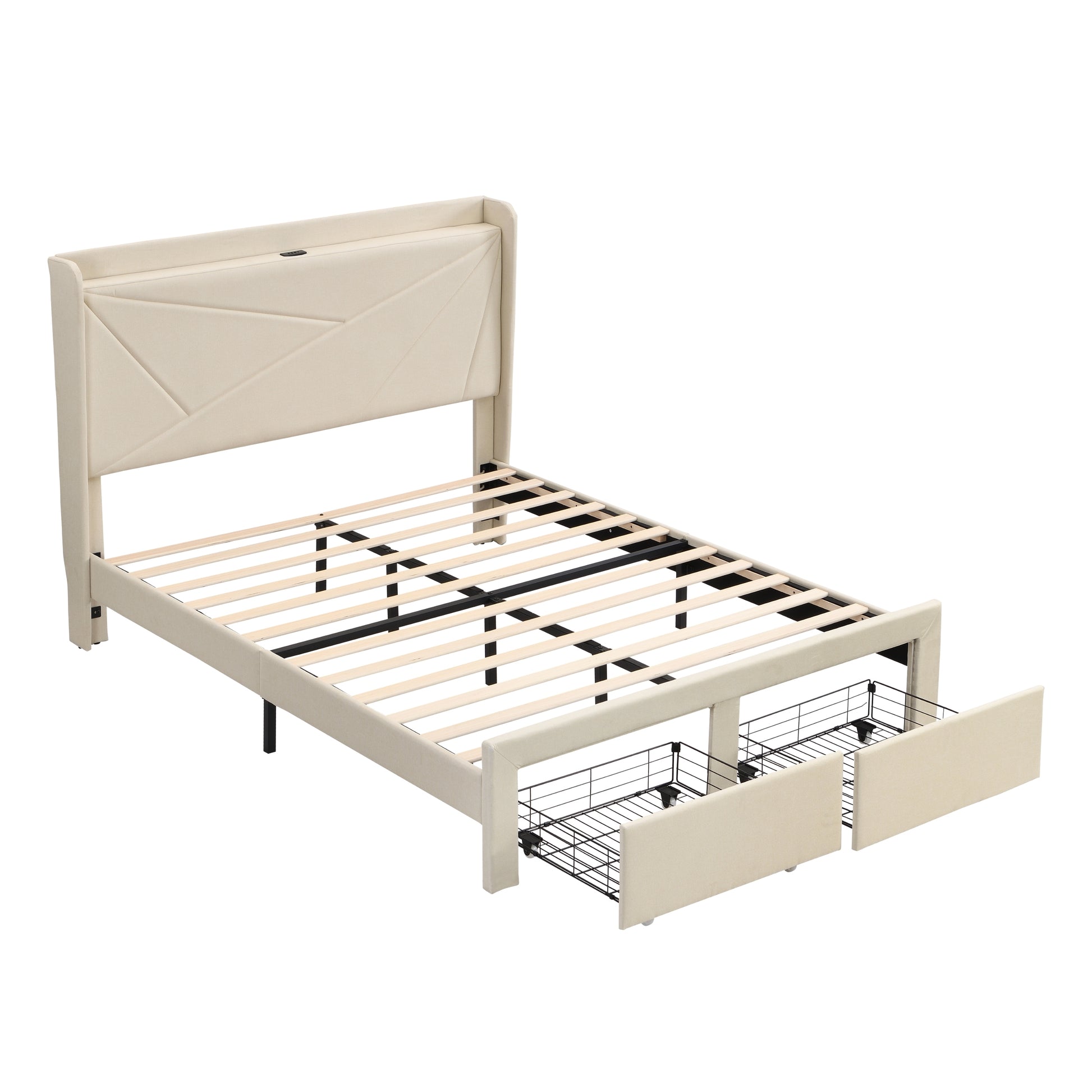 Queen Size Bed Frame With 2 Storage Drawers, Upholstered Bed Frame With Wingback Headboard Storage Shelf Built In Usb Charging Stations And Strong Wood Slats Support, No Box Spring Needed, Beige Box Spring Not Required Queen Beige Composite Bedroom Bed