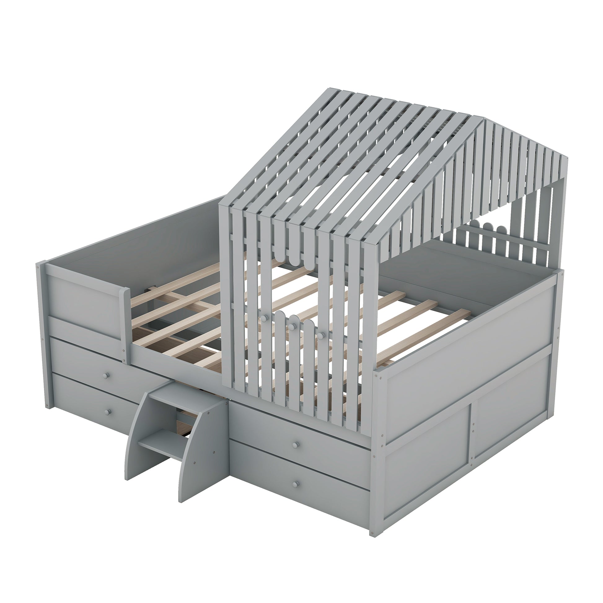 Full Size House Low Loft Bed With Four Drawers,Gray Box Spring Not Required Gray Wood Pine