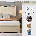 Queen Size Bed Frame With 2 Storage Drawers, Upholstered Bed Frame With Wingback Headboard Storage Shelf Built In Usb Charging Stations And Strong Wood Slats Support, No Box Spring Needed, Beige Box Spring Not Required Queen Beige Composite Bedroom Bed