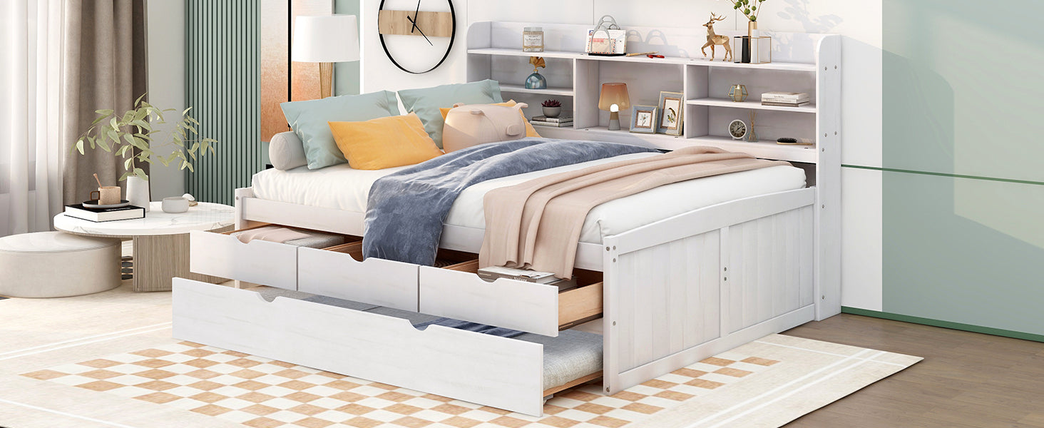 Full Size Wooden Captain Bed With Built In Bookshelves,Three Storage Drawers And Trundle,White Wash White Solid Wood Mdf