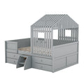 Full Size House Low Loft Bed With Four Drawers,Gray Box Spring Not Required Gray Wood Pine