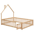 Full House Shaped Headboard Floor Bed With Fence,Natural Full Natural Wood Bedroom American Design Pine Bed Frame Pine