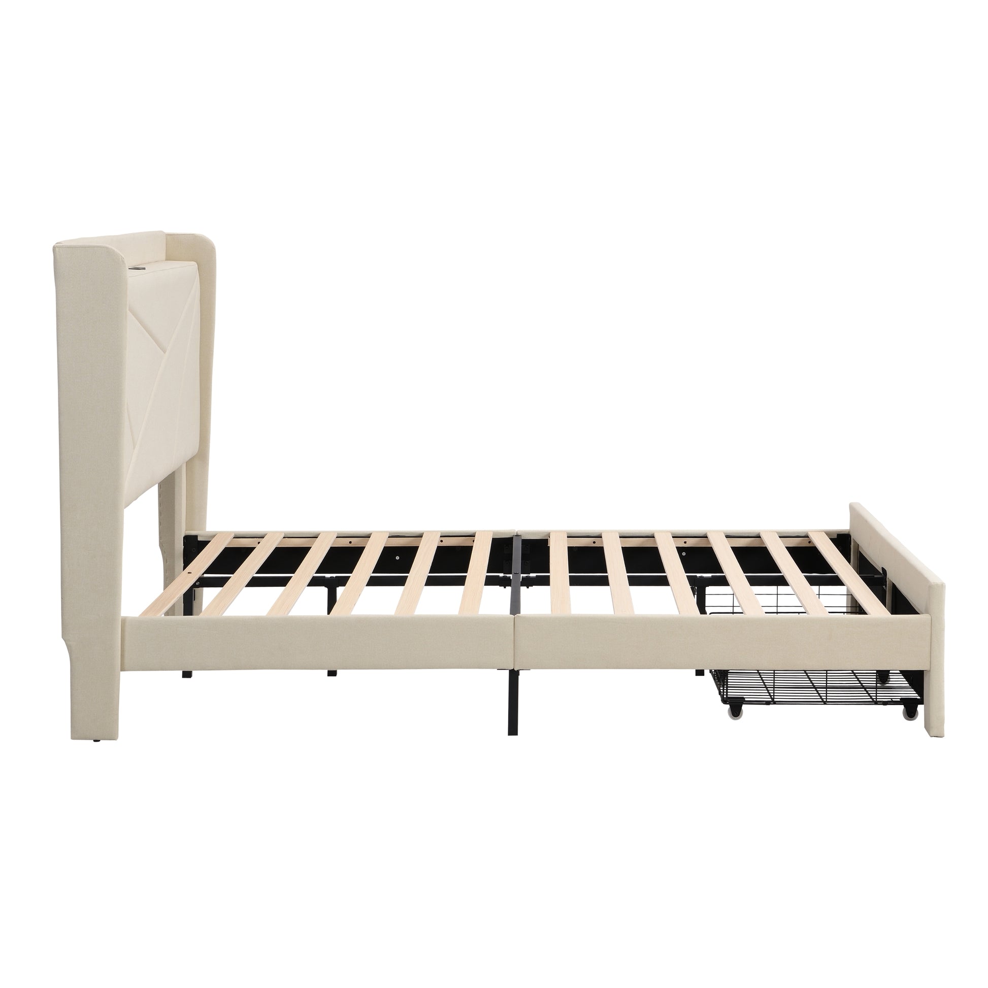Queen Size Bed Frame With 2 Storage Drawers, Upholstered Bed Frame With Wingback Headboard Storage Shelf Built In Usb Charging Stations And Strong Wood Slats Support, No Box Spring Needed, Beige Box Spring Not Required Queen Beige Composite Bedroom Bed