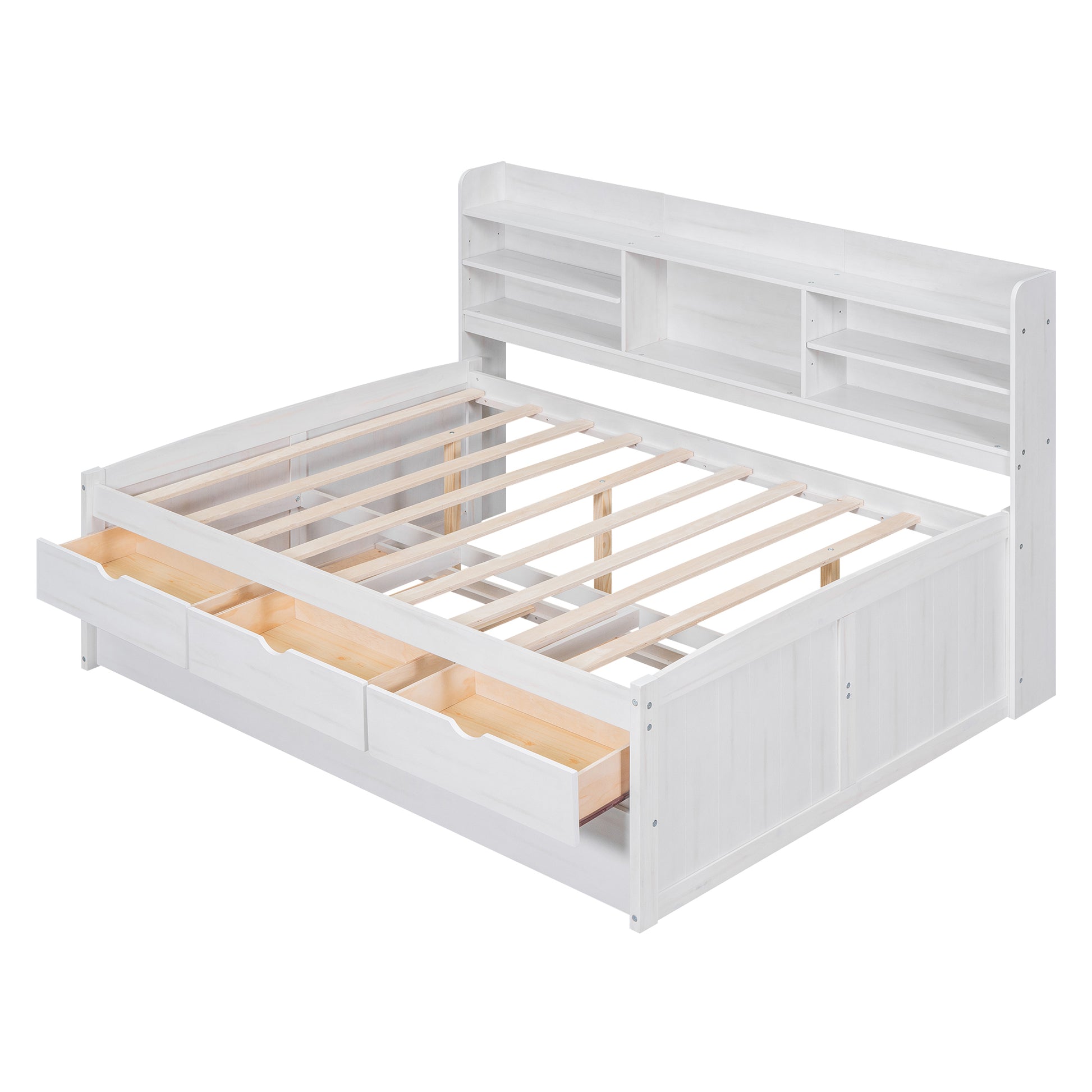 Full Size Wooden Captain Bed With Built In Bookshelves,Three Storage Drawers And Trundle,White Wash White Solid Wood Mdf