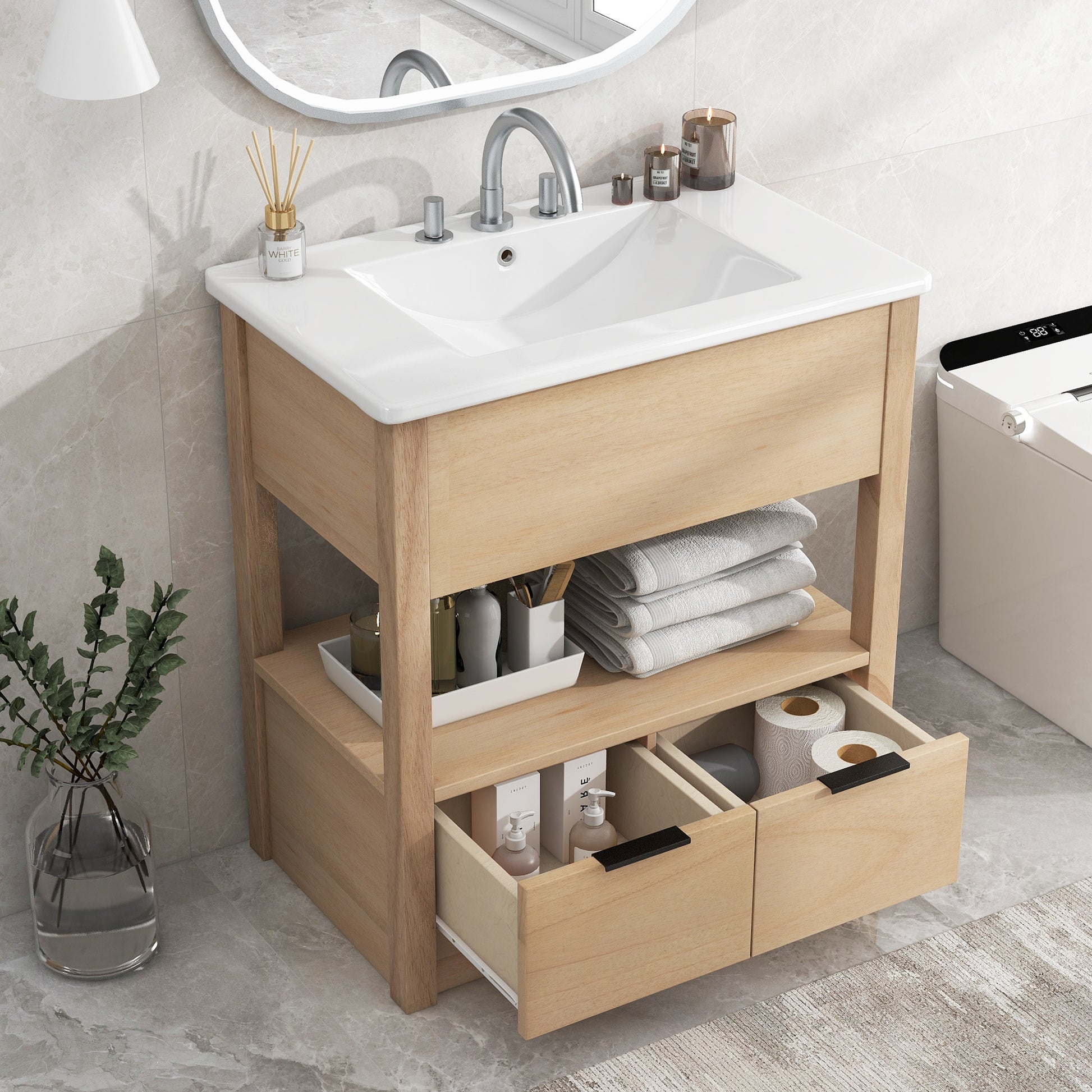 30" Bathroom Vanity With Sink Top, Bathroom Cabinet With Open Storage Shelf And Two Drawers, One Package, Natural Old Sku:Wf311619Aad Natural Solid Wood Mdf