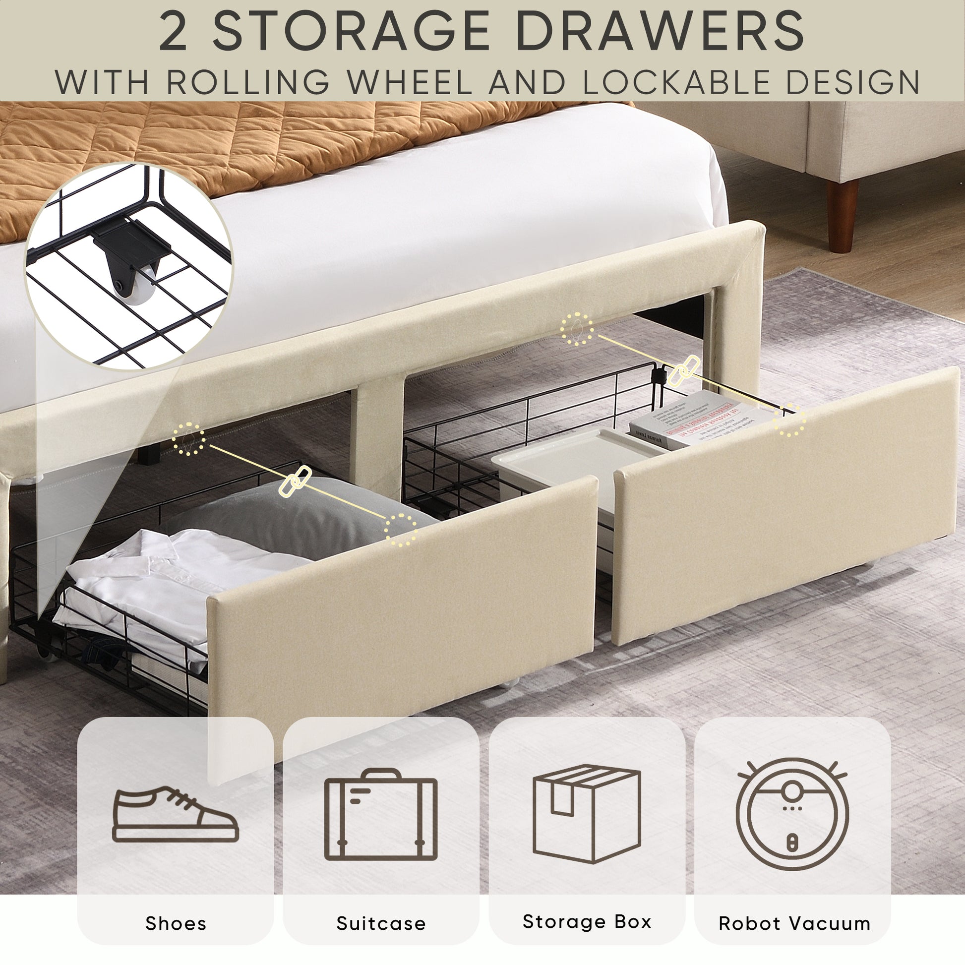 Queen Size Bed Frame With 2 Storage Drawers, Upholstered Bed Frame With Wingback Headboard Storage Shelf Built In Usb Charging Stations And Strong Wood Slats Support, No Box Spring Needed, Beige Box Spring Not Required Queen Beige Composite Bedroom Bed