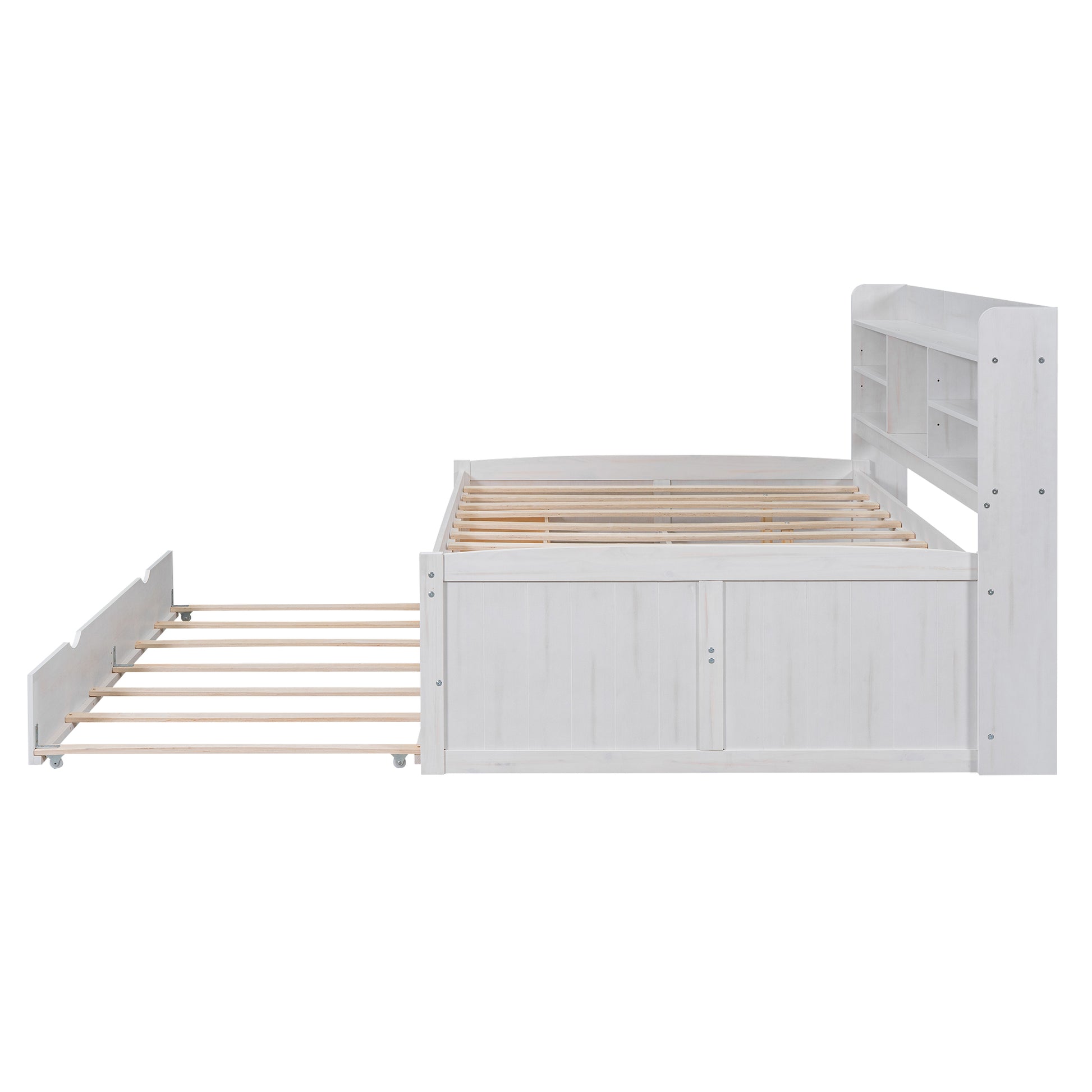 Full Size Wooden Captain Bed With Built In Bookshelves,Three Storage Drawers And Trundle,White Wash White Solid Wood Mdf