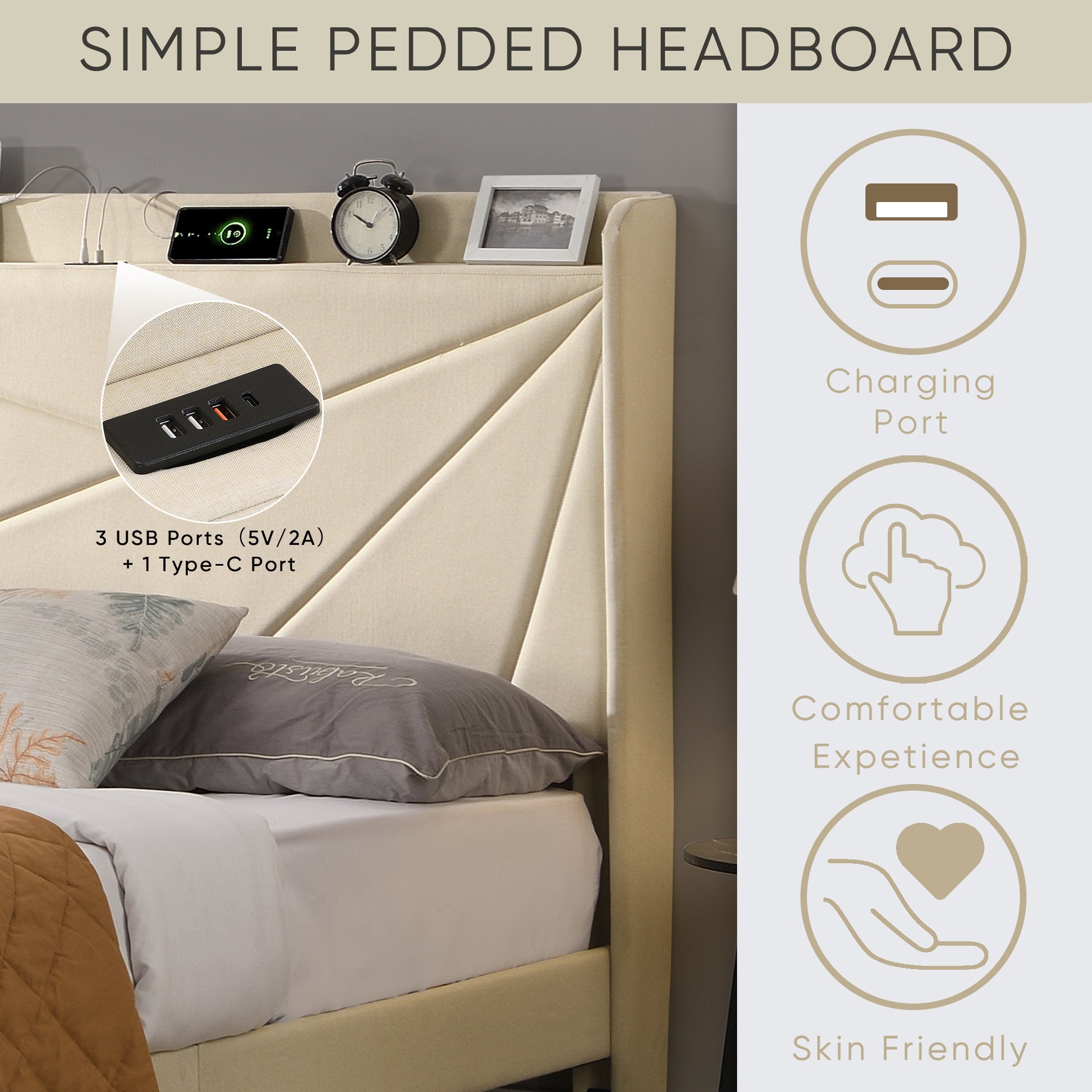 Queen Size Bed Frame With 2 Storage Drawers, Upholstered Bed Frame With Wingback Headboard Storage Shelf Built In Usb Charging Stations And Strong Wood Slats Support, No Box Spring Needed, Beige Box Spring Not Required Queen Beige Composite Bedroom Bed