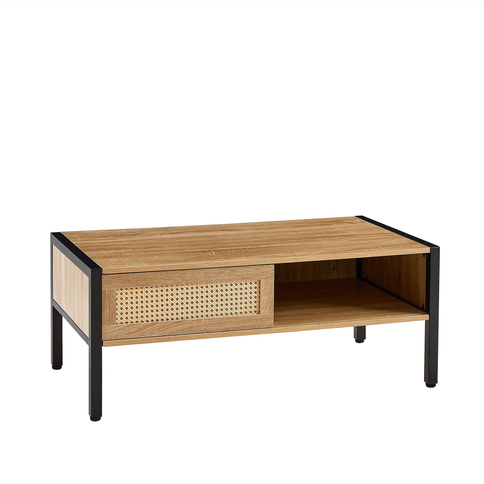 40.16" Rattan Coffee Table, Sliding Door For Storage, Metal Legs, Modern Table For Living Roomnatural Natural Mdf Metal