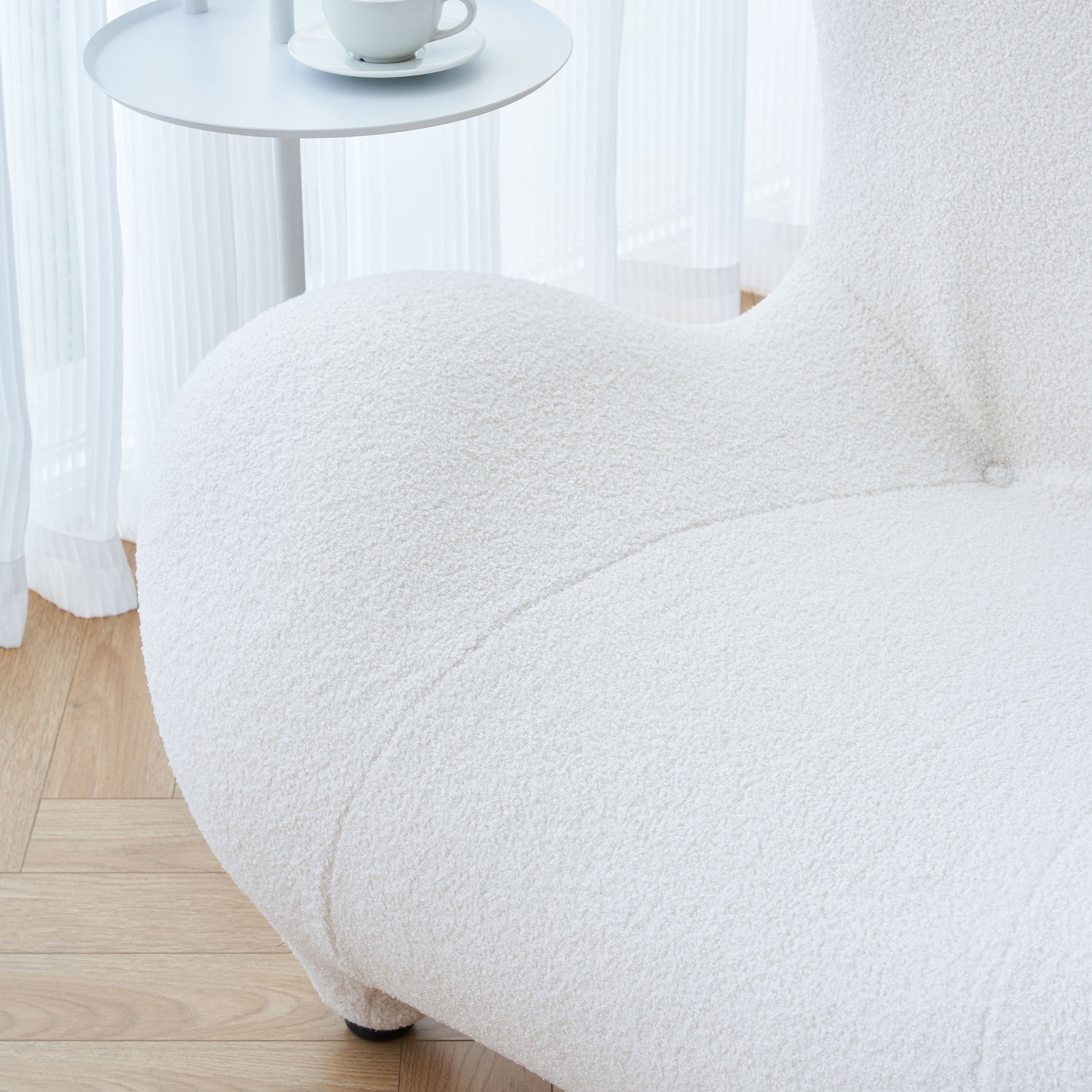 Modern Accent Chair And Ottoman Set, High Back Sherpa Blouce Fabric Armchair With Footstool For Living Room, Lounge, Bedroom, Reading Room, Office White Foam