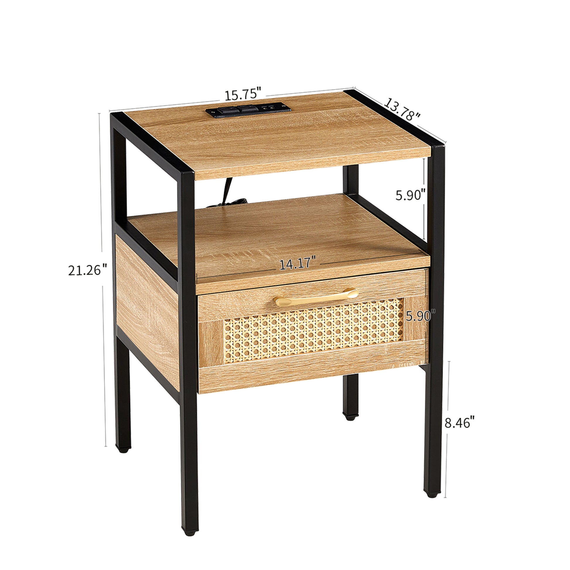 15.75" Rattan End Table With Power Outlet & Usb Portsmodern Nightstand With Drawer And Metal Legs, Side Table For Living Room, Bedroom,Natural 1 Pc Natural Mdf Metal