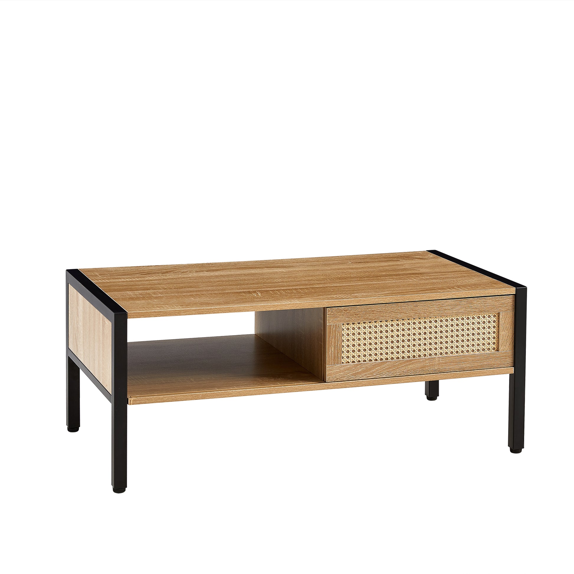 40.16" Rattan Coffee Table, Sliding Door For Storage, Metal Legs, Modern Table For Living Roomnatural Natural Mdf Metal
