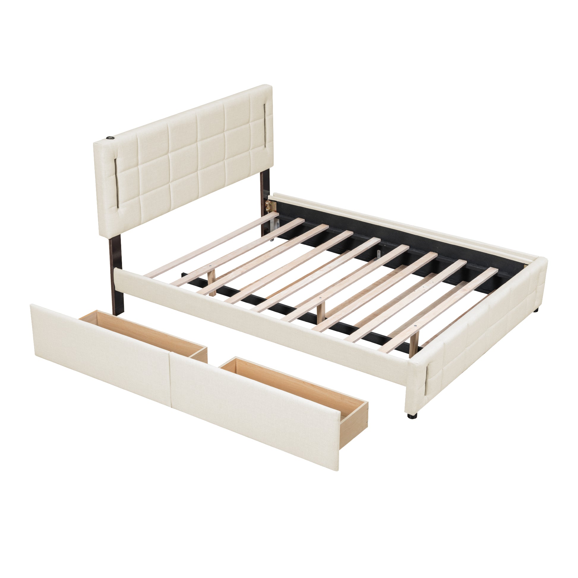 Queen Size Upholstered Platform Bed With Trundle And Drawers, Beige Queen Beige Upholstered