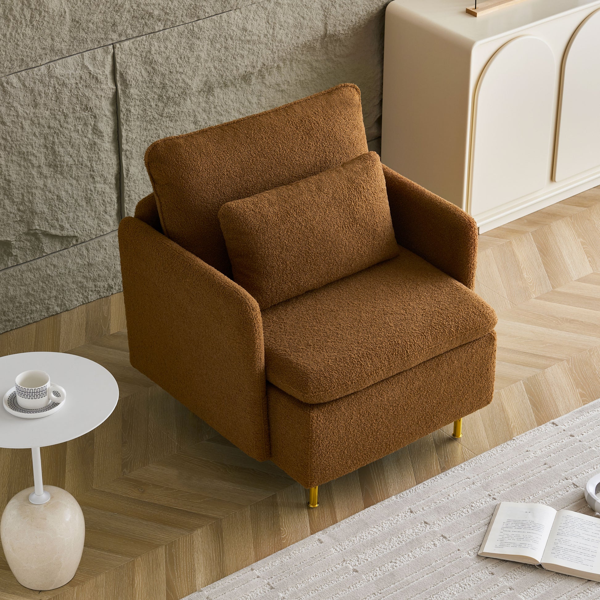 Modern Accent Chair, Sherpa Upholstered Cozy Comfy Armchair, Furry Reading Chair With Slim Armrest, Fuzzy Single Club Sofa Chairs For Living Room Bedroom Waiting Room Office Ivory Orange Foam Solid Wood