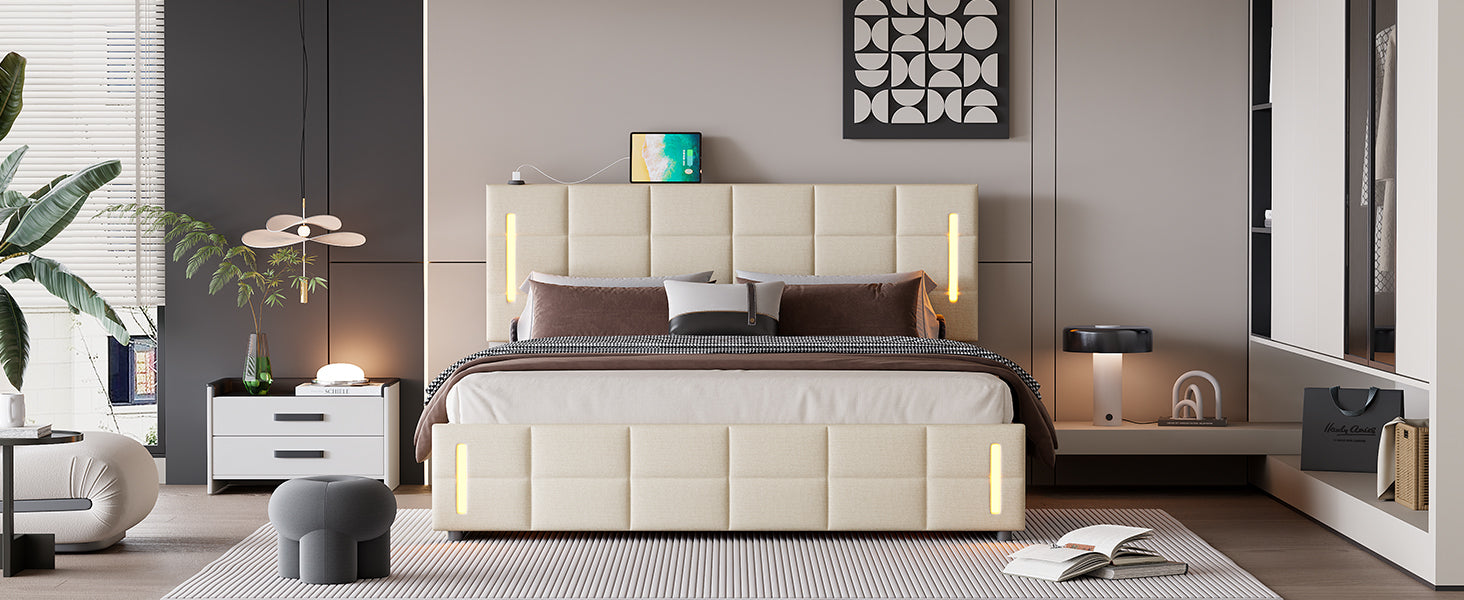 Queen Size Upholstered Bed With Hydraulic Storage System And Led Light, Beige Queen Beige Linen