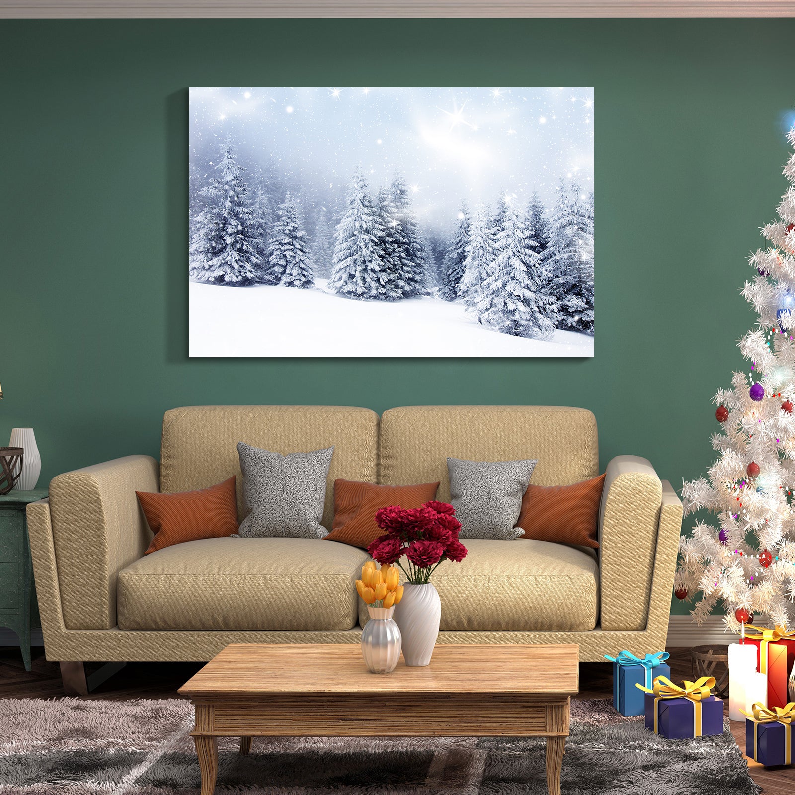 Framed Canvas Wall Art Decor Painting For Chrismas, Winter Pine Forest Chrismas Gift Painting For Chrismas Gift, Decoration For Chrismas Eve Office Living Room, Bedroom Decor Ready To Han Rectangle