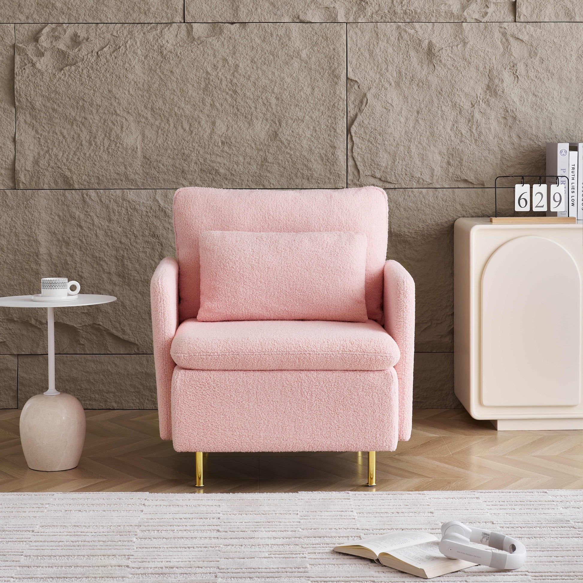 Modern Accent Chair, Sherpa Upholstered Cozy Comfy Armchair, Furry Reading Chair With Slim Armrest, Fuzzy Single Club Sofa Chairs For Living Room Bedroom Waiting Room Office Ivory Pink Foam Solid Wood