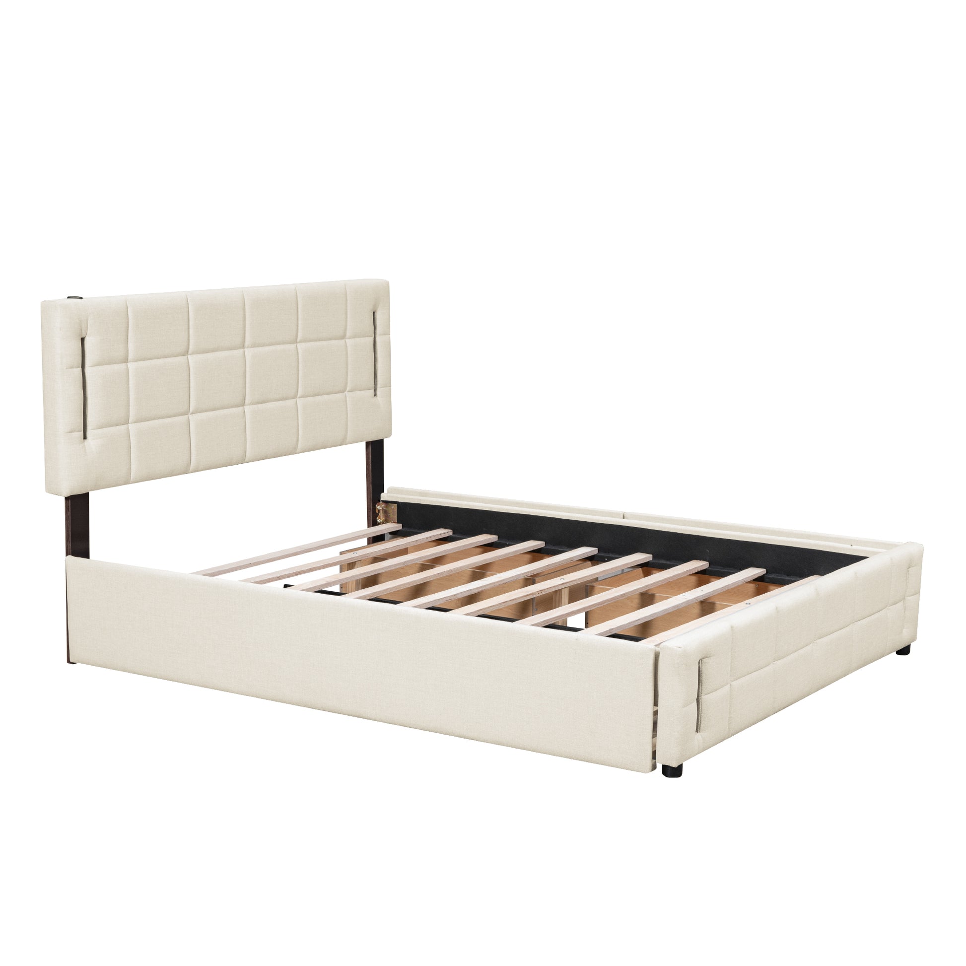 Queen Size Upholstered Platform Bed With Trundle And Drawers, Beige Queen Beige Upholstered