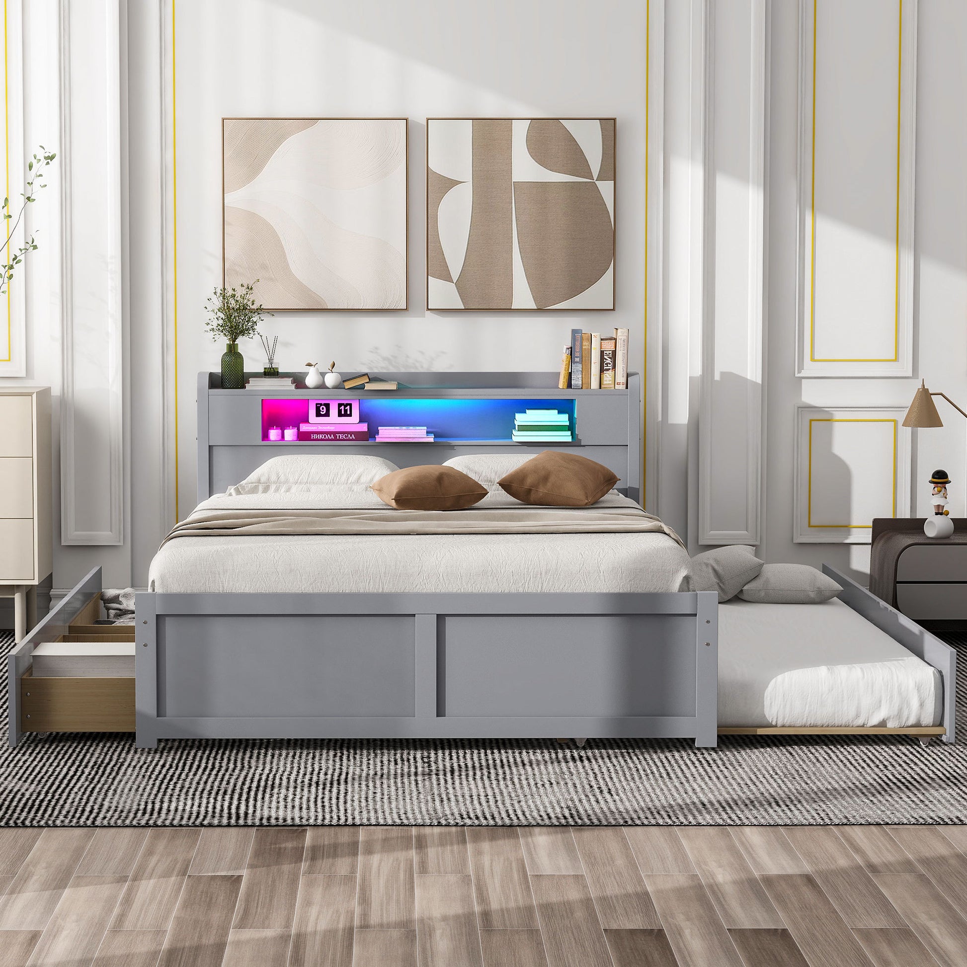 Queen Size Wood Storage Platform Bed With Led, 2 Drawers And 1 Twin Size Trundle, Gray Box Spring Not Required Queen Gray Wood Bedroom Bed Frame Solid Wood Mdf