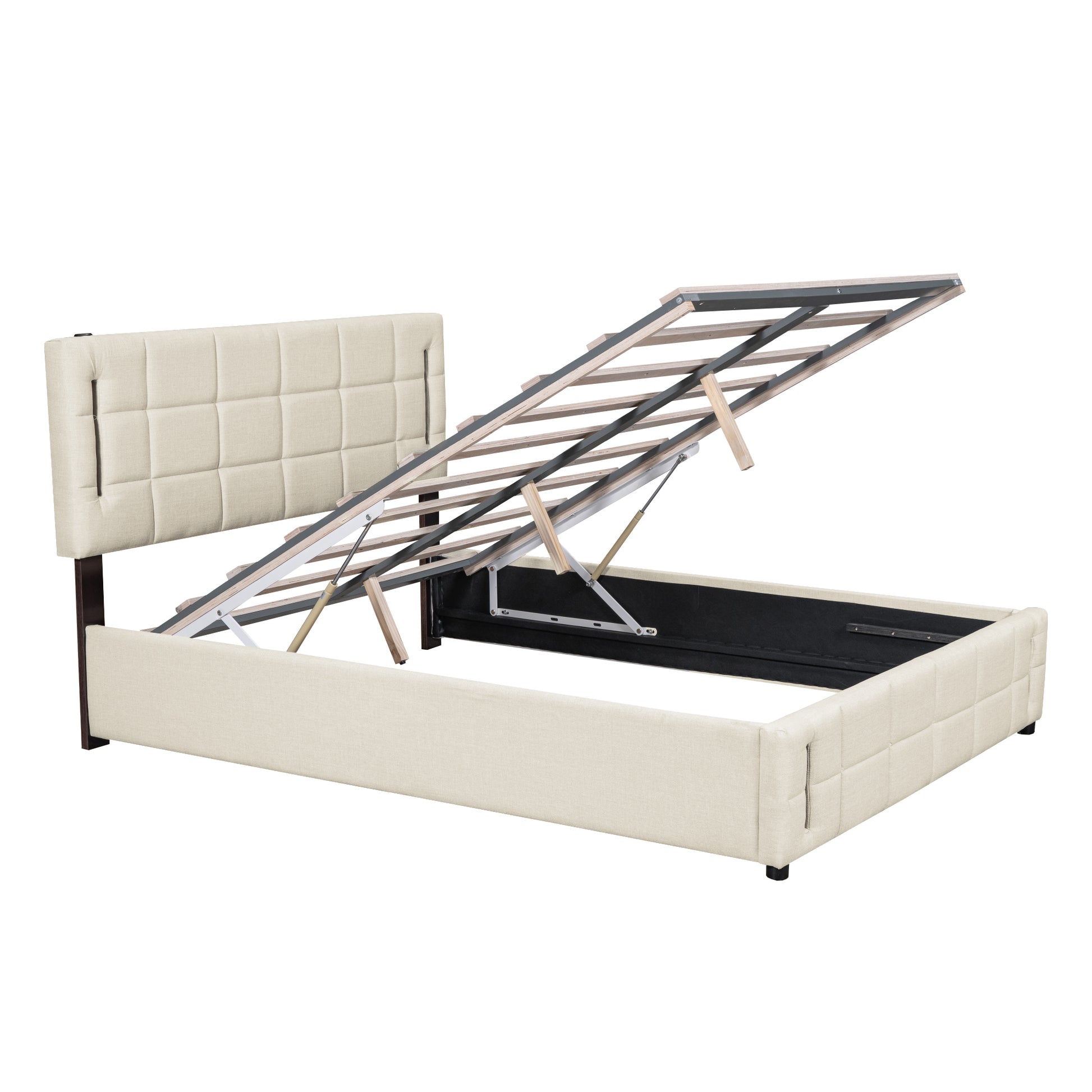Queen Size Upholstered Bed With Hydraulic Storage System And Led Light, Beige Queen Beige Linen