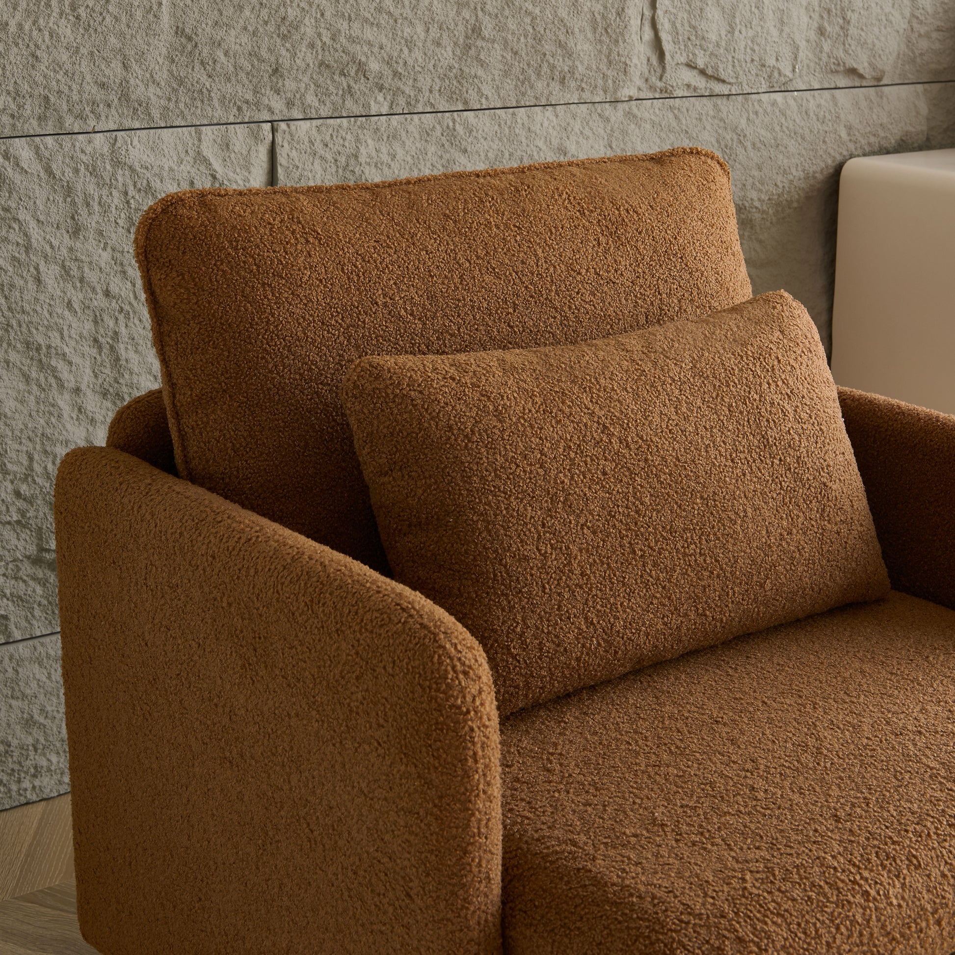 Modern Accent Chair, Sherpa Upholstered Cozy Comfy Armchair, Furry Reading Chair With Slim Armrest, Fuzzy Single Club Sofa Chairs For Living Room Bedroom Waiting Room Office Ivory Orange Foam Solid Wood