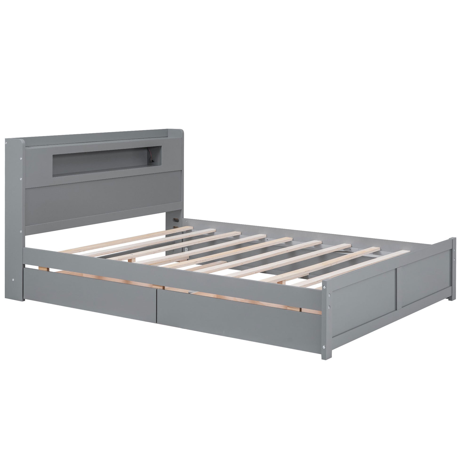Queen Size Wood Storage Platform Bed With Led, 2 Drawers And 1 Twin Size Trundle, Gray Box Spring Not Required Queen Gray Wood Bedroom Bed Frame Solid Wood Mdf