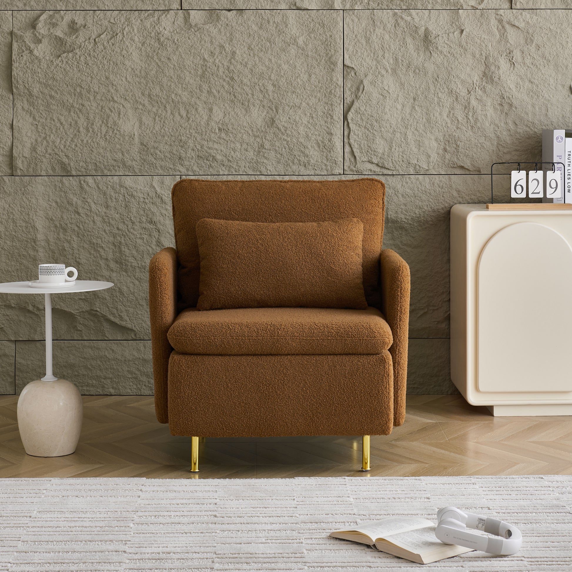 Modern Accent Chair, Sherpa Upholstered Cozy Comfy Armchair, Furry Reading Chair With Slim Armrest, Fuzzy Single Club Sofa Chairs For Living Room Bedroom Waiting Room Office Ivory Orange Foam Solid Wood