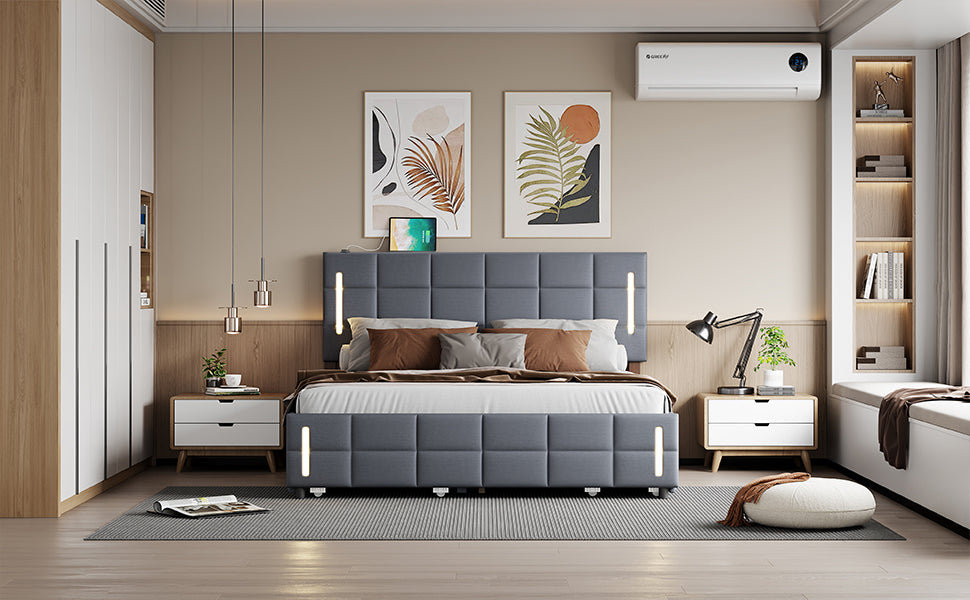 Queen Size Upholstered Platform Bed With Trundle And Drawers, Gray Queen Gray Upholstered