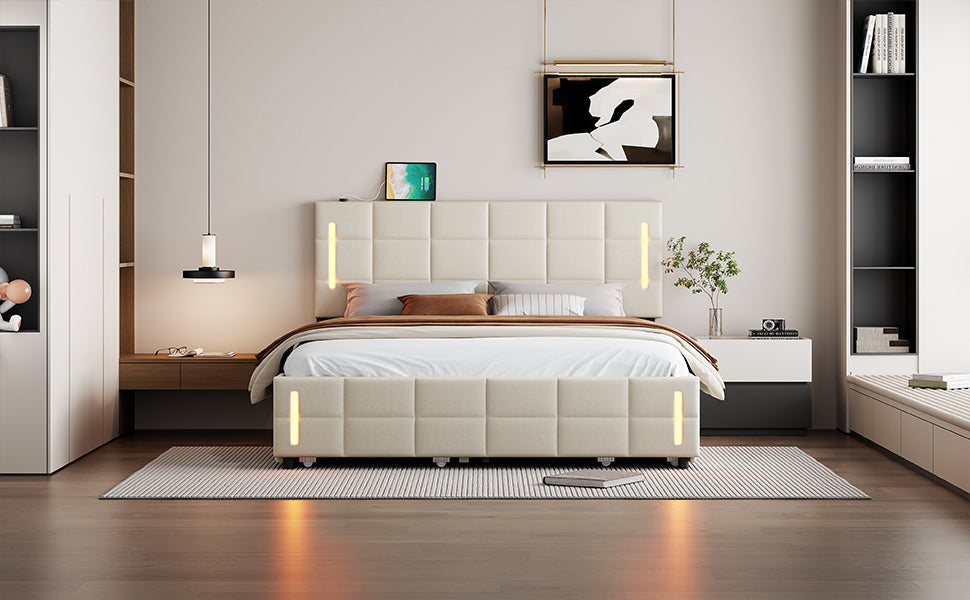Queen Size Upholstered Platform Bed With Trundle And Drawers, Beige Queen Beige Upholstered