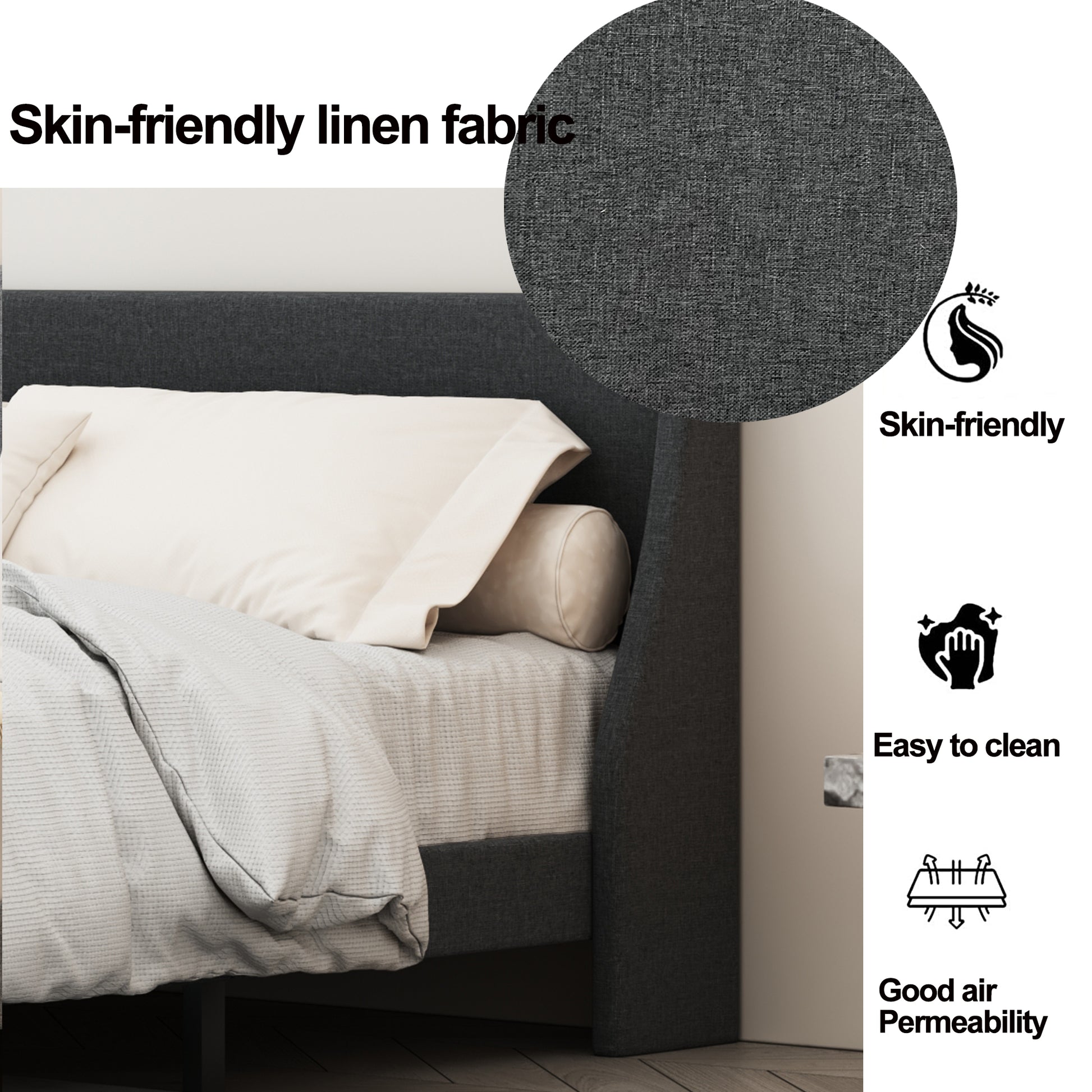 Queen Size Bed Frame Upholstered Bed Frame Platform ,Non Adjustable Headboard Linen Fabric Headboard Wooden Slats Support No Box Spring Needed Easy Assembly Mattress Foundation, Light Gray Queen Dark Gray Metal & Wood