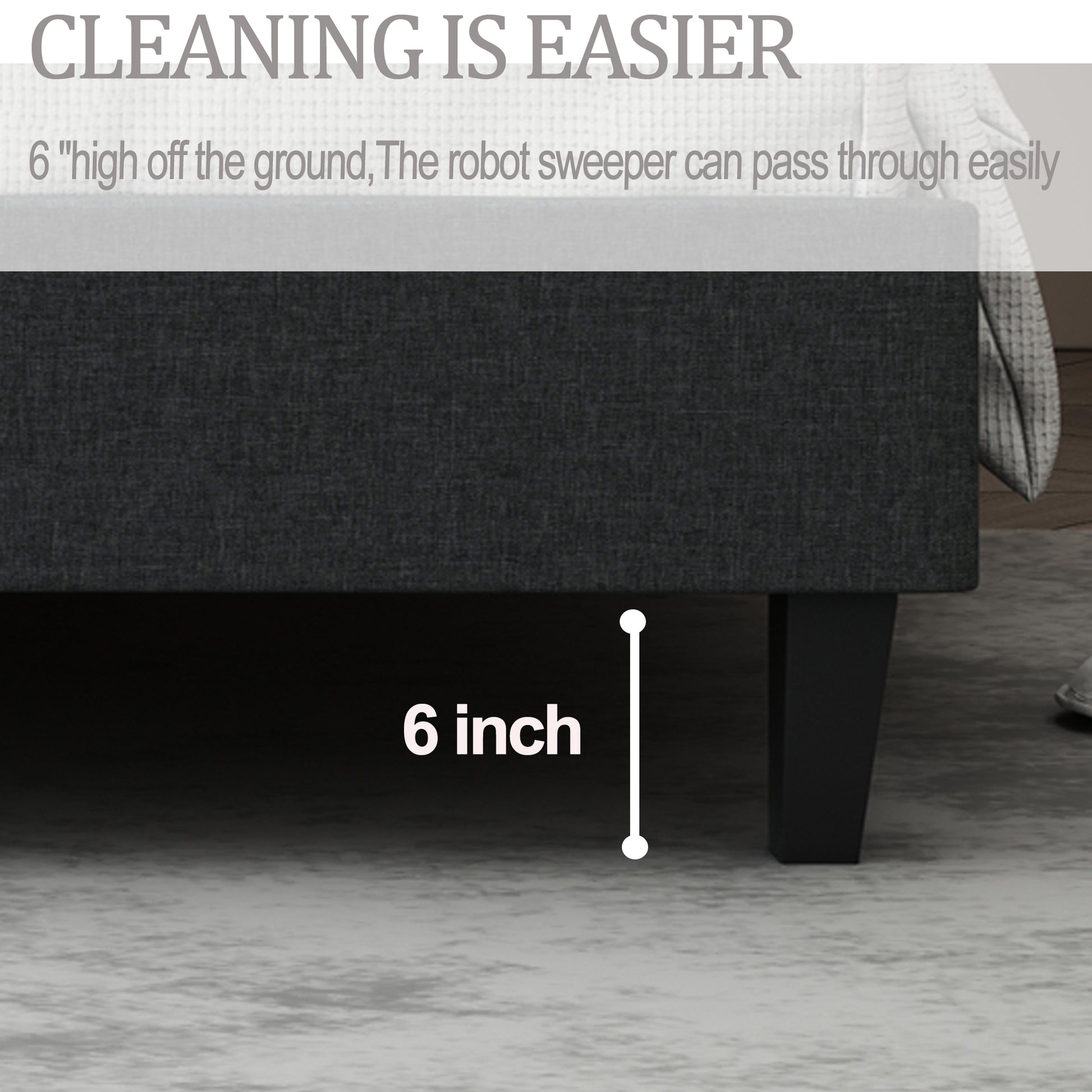 Queen Size Bed Frame Upholstered Bed Frame Platform ,Non Adjustable Headboard Linen Fabric Headboard Wooden Slats Support No Box Spring Needed Easy Assembly Mattress Foundation, Light Gray Queen Dark Gray Metal & Wood