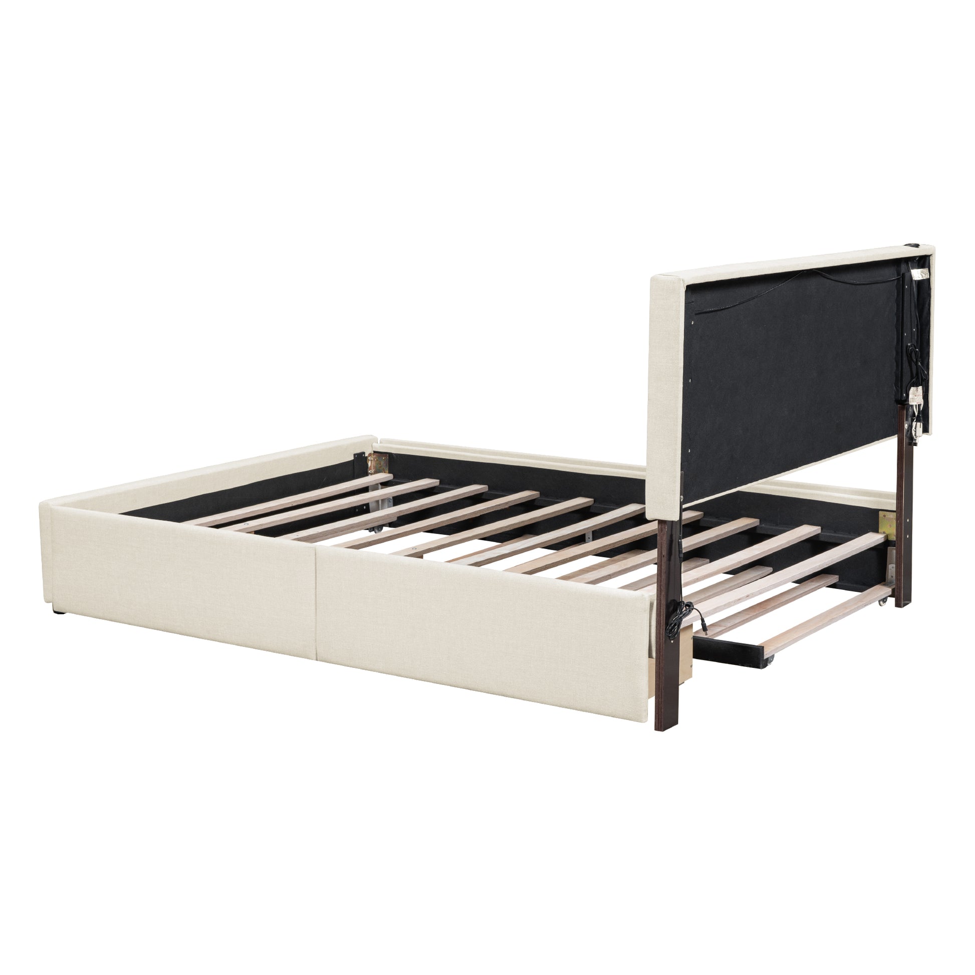 Queen Size Upholstered Platform Bed With Trundle And Drawers, Beige Queen Beige Upholstered