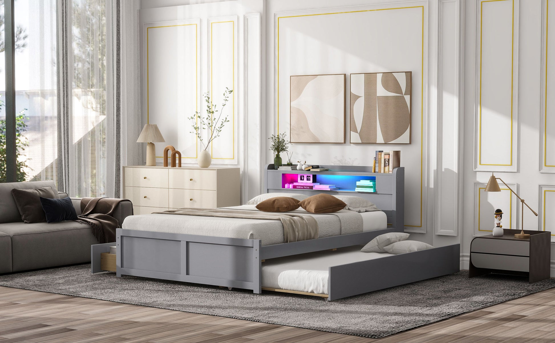 Queen Size Wood Storage Platform Bed With Led, 2 Drawers And 1 Twin Size Trundle, Gray Box Spring Not Required Queen Gray Wood Bedroom Bed Frame Solid Wood Mdf