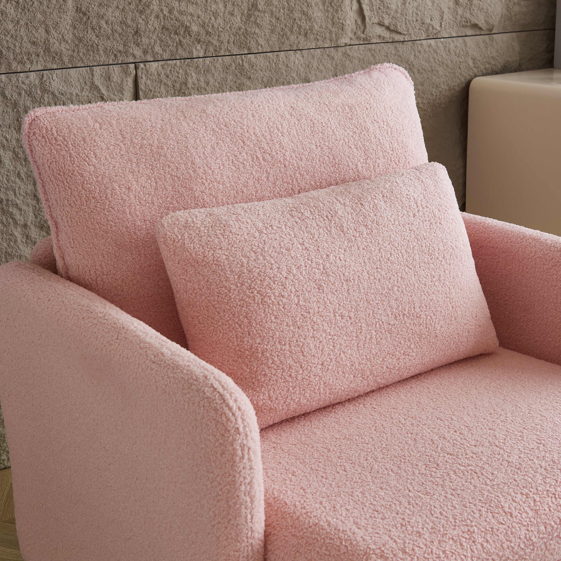 Modern Accent Chair, Sherpa Upholstered Cozy Comfy Armchair, Furry Reading Chair With Slim Armrest, Fuzzy Single Club Sofa Chairs For Living Room Bedroom Waiting Room Office Ivory Pink Foam Solid Wood