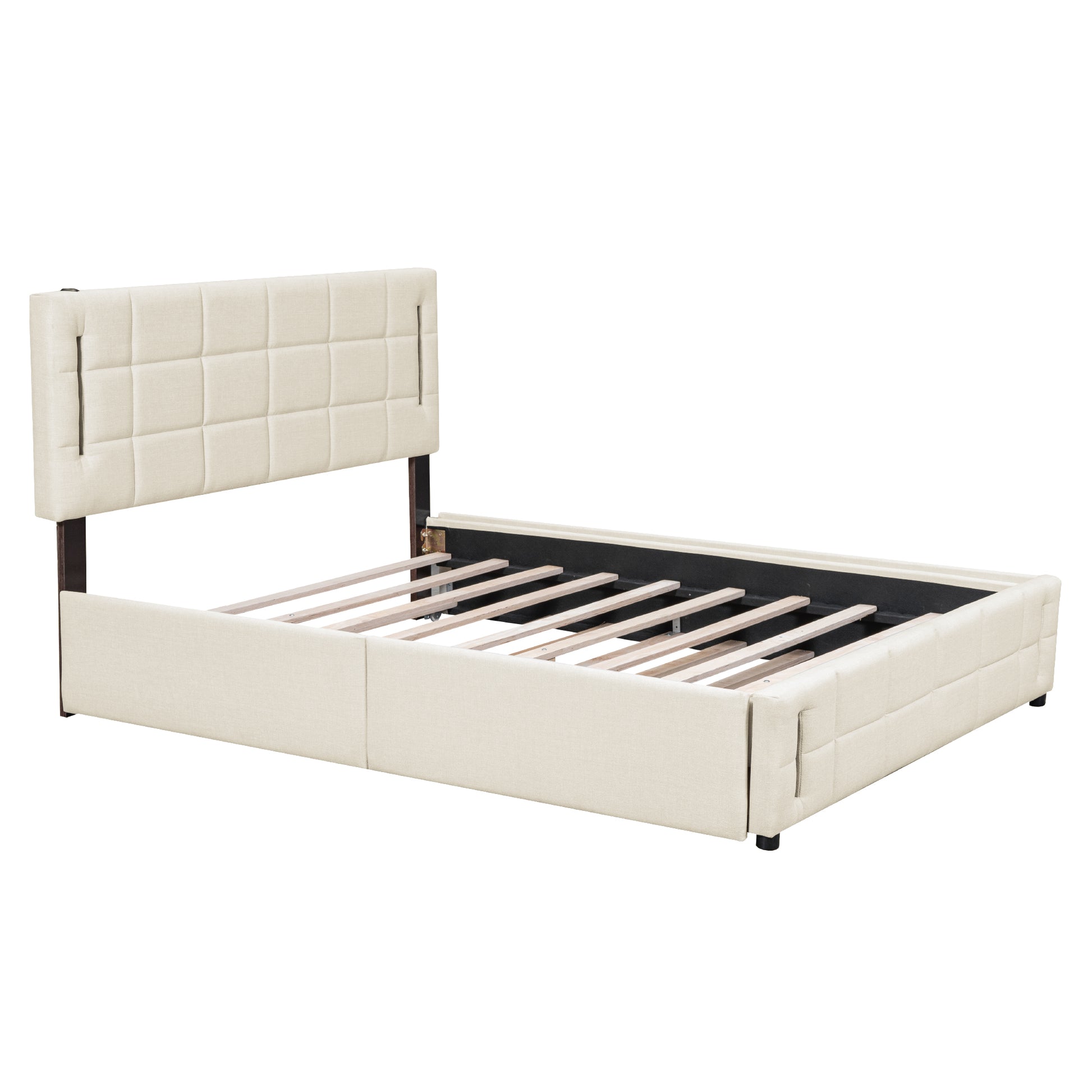 Queen Size Upholstered Platform Bed With Trundle And Drawers, Beige Queen Beige Upholstered