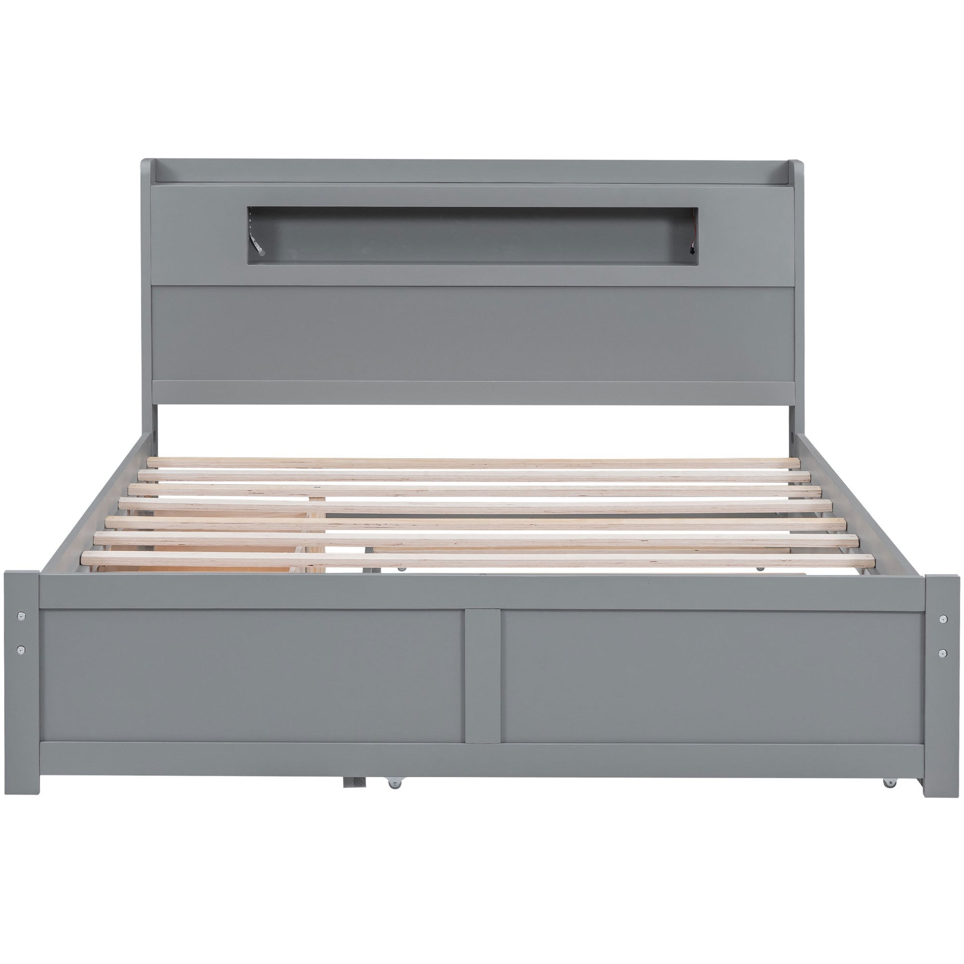 Queen Size Wood Storage Platform Bed With Led, 2 Drawers And 1 Twin Size Trundle, Gray Box Spring Not Required Queen Gray Wood Bedroom Bed Frame Solid Wood Mdf